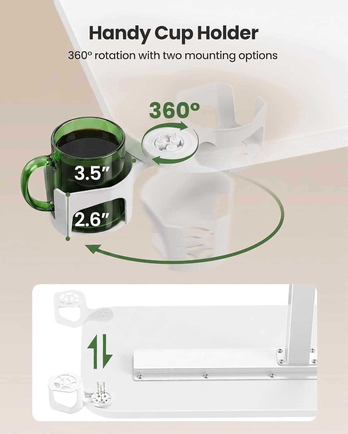Handy Cup Holder  
360° rotation with two mounting options  
3.5"  
2.6"