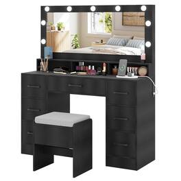 WELLFOR - Makeup Vanity Desk with Lights & Charging Station, Modern Vanity Desk Set with 7 Drawers & Storage Stool for Bedroom - Black