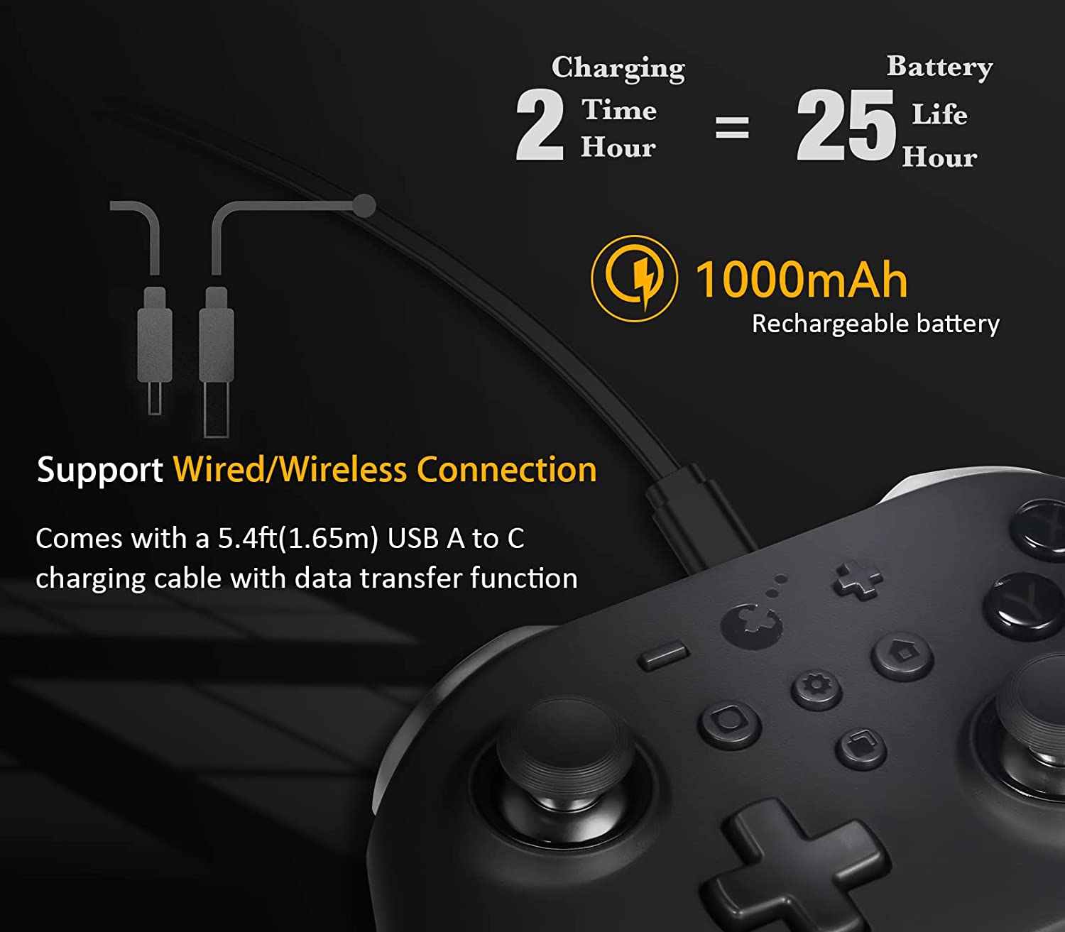 Charging Time 2 Hour = Battery Life 25 Hour

1000mAh Rechargeable battery

Support Wired/Wireless Connection

Comes with a 5.4ft(1.65m) USB A to C charging cable with data transfer function