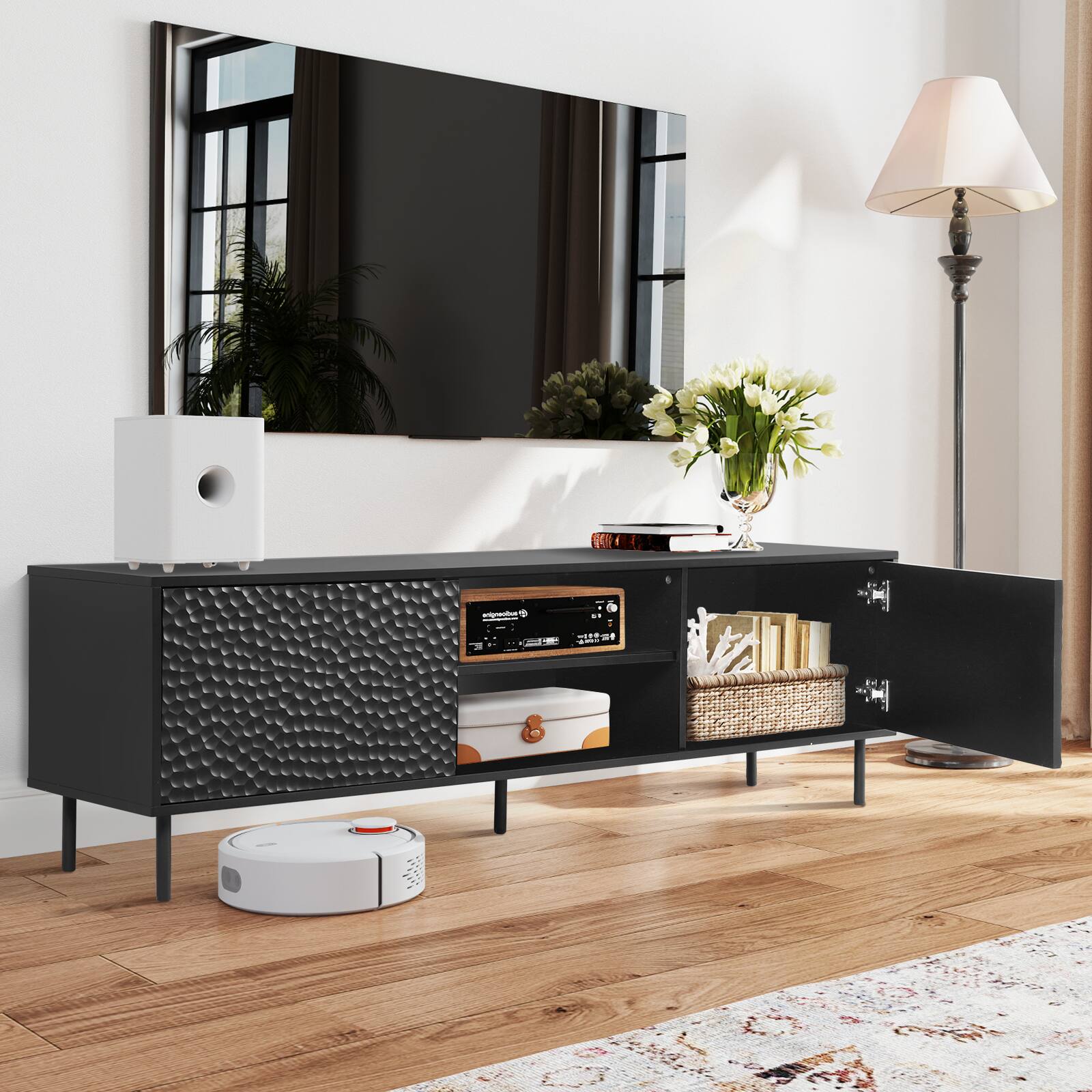 Angle. Bestier - Modern TV Stand with Adjustable Shelves & Honeycomb Pattern - black.