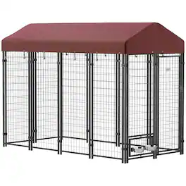 Pawhut - 8'x4'x6' Outdoor Dog Kennel, Welded Wire Heavy Duty Run, 360° Rotating Bowls, Waterproof Cover, for S&M&L Dogs