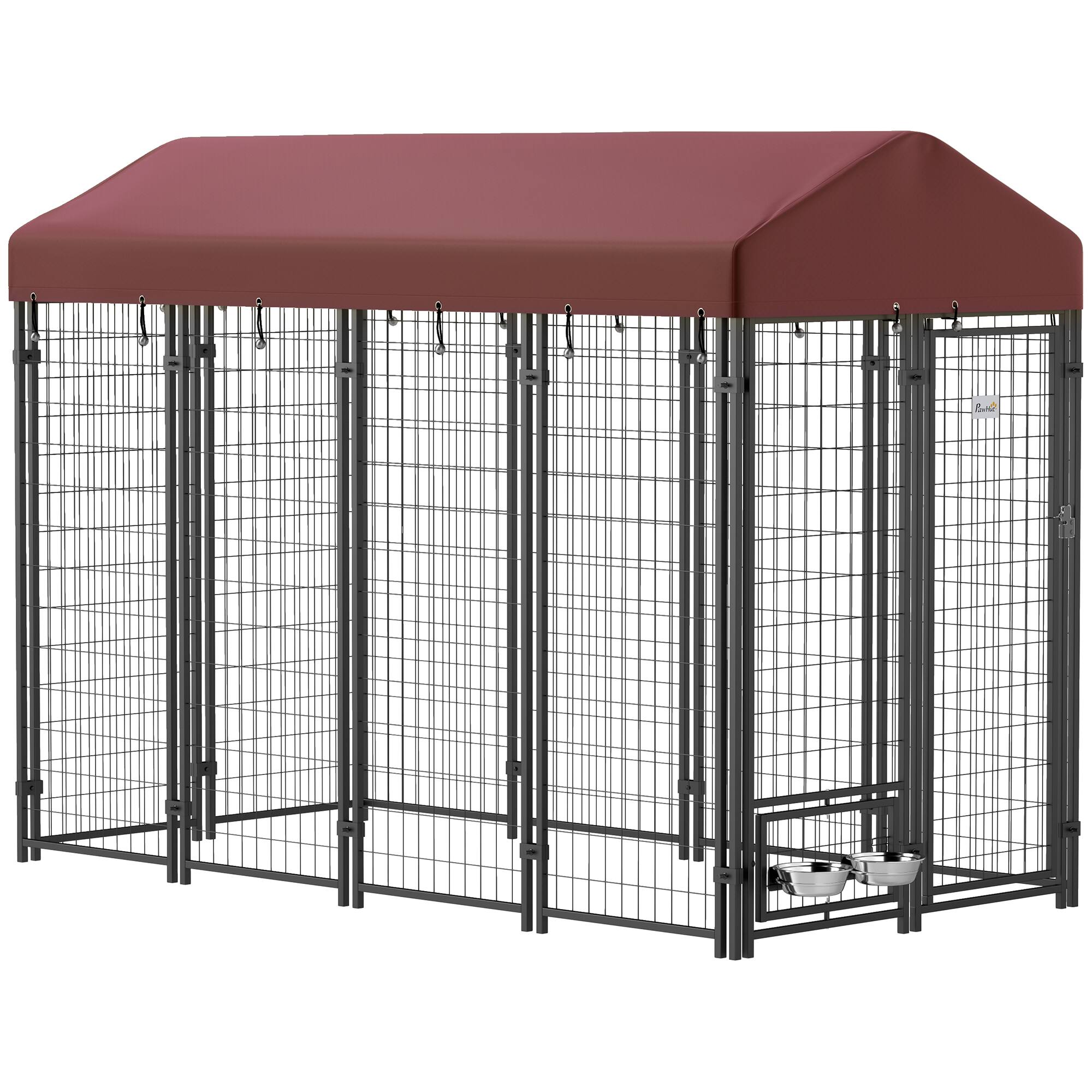 Pawhut - 8'x4'x6' Outdoor Dog Kennel, Welded Wire Heavy Duty Run, 360° Rotating Bowls, Waterproof Cover, for S&M&L Dogs
