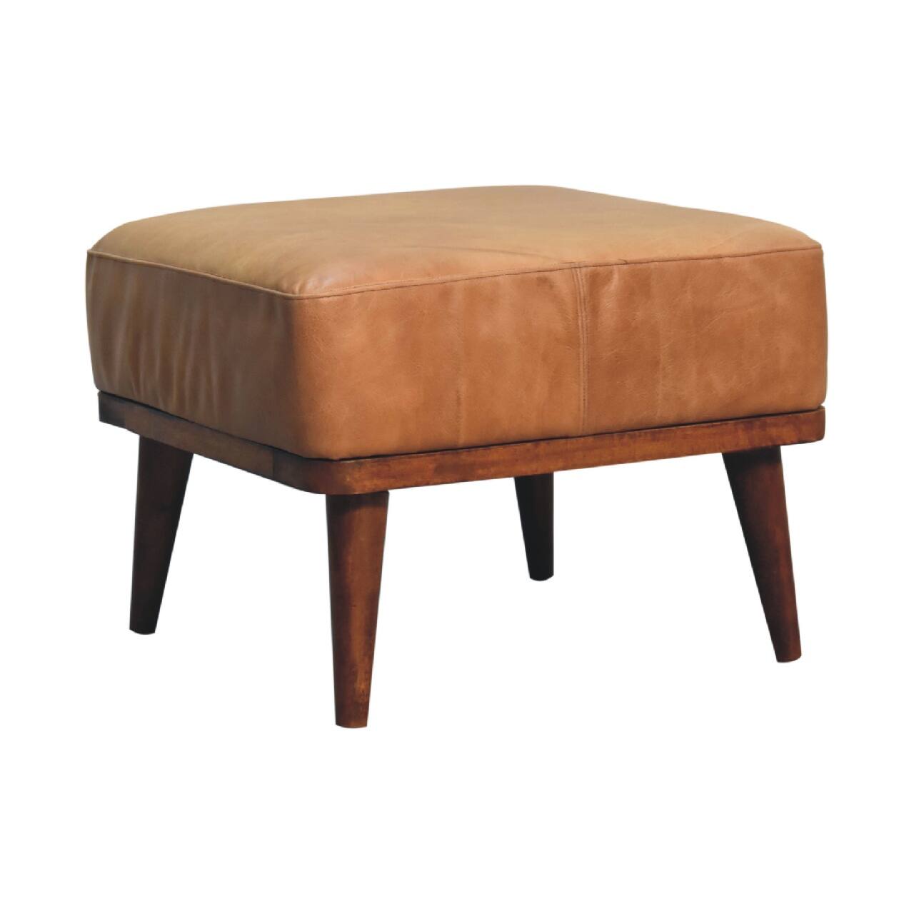 Left. Artisan Furniture - Artisan Furniture Solid Wood Tan Buffalo Leather Upholstered Footstool, Tan  and Brown - Brown.