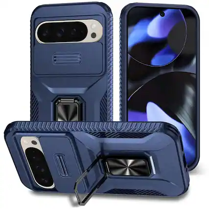 Front. Kitcheniva - Rugged Metal Stand Lens Cover Case With Tempered Glass For Google Pixel 10/10 Pro Blue - Blue.