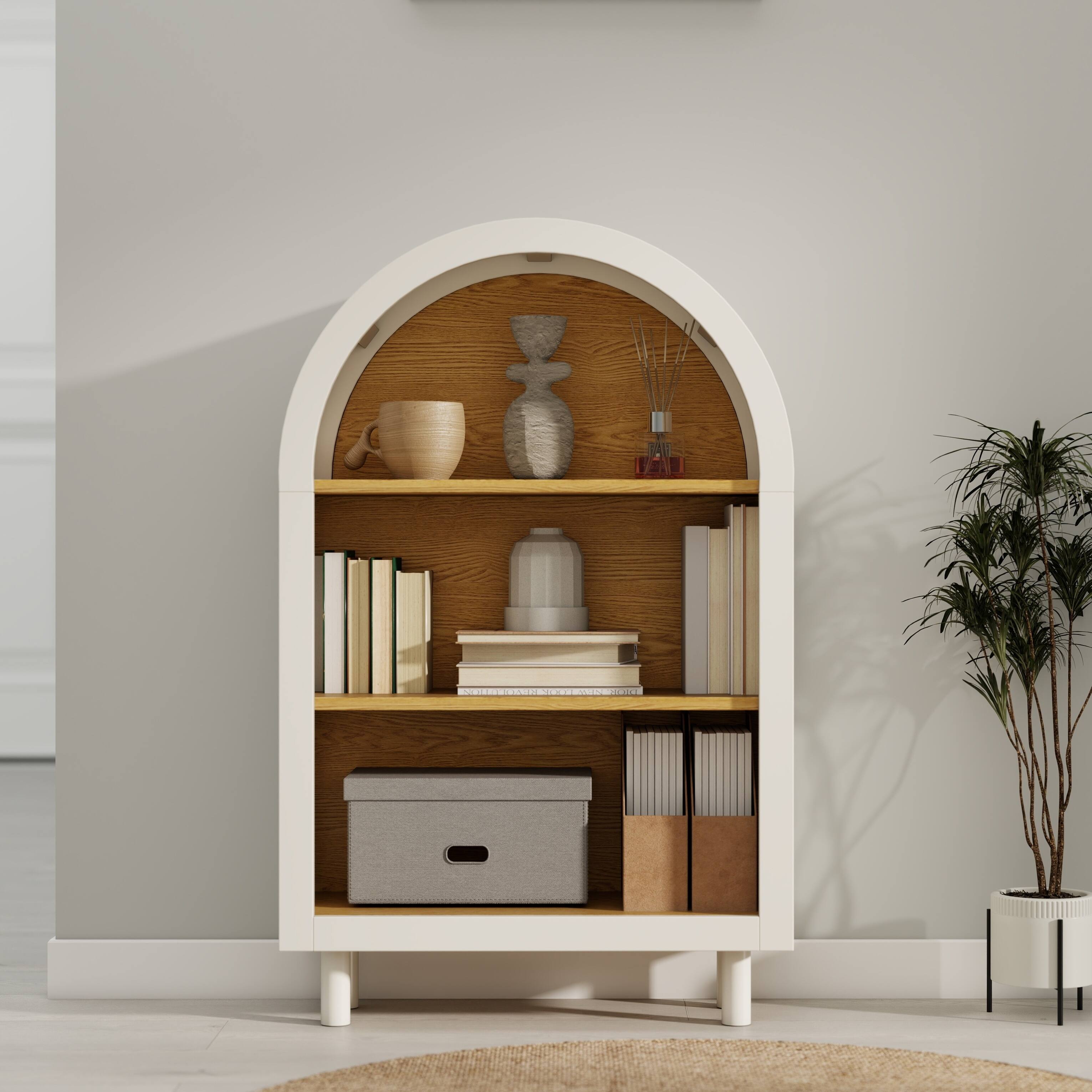 Alt View 1. Ecooso - Arched Bookcase with 3 Shelves, Wooden Arched Top Storage Cabinet, Modern 3-Tier Bookshelf for Living Room & Entry - Oak,White.