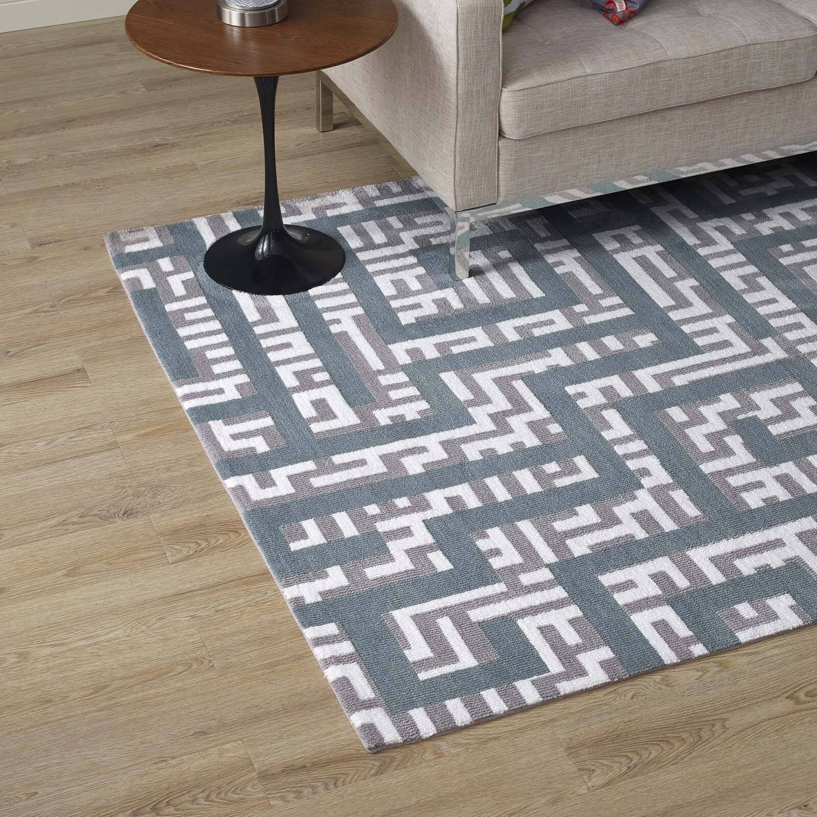 Left. Modway - Nahia Geometric Maze Area Rug - Ivory Light Gray and Sky Blue.