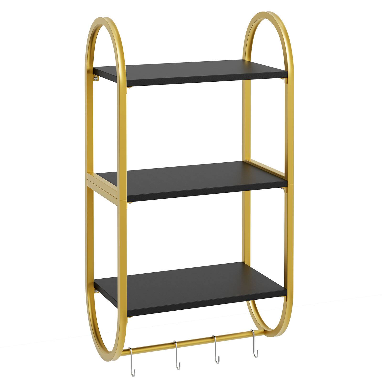 Angle. Bestier - 3-Tier Floating Wall Shelves with Towel Bar & Hooks - Versatile Home Storage - Black.
