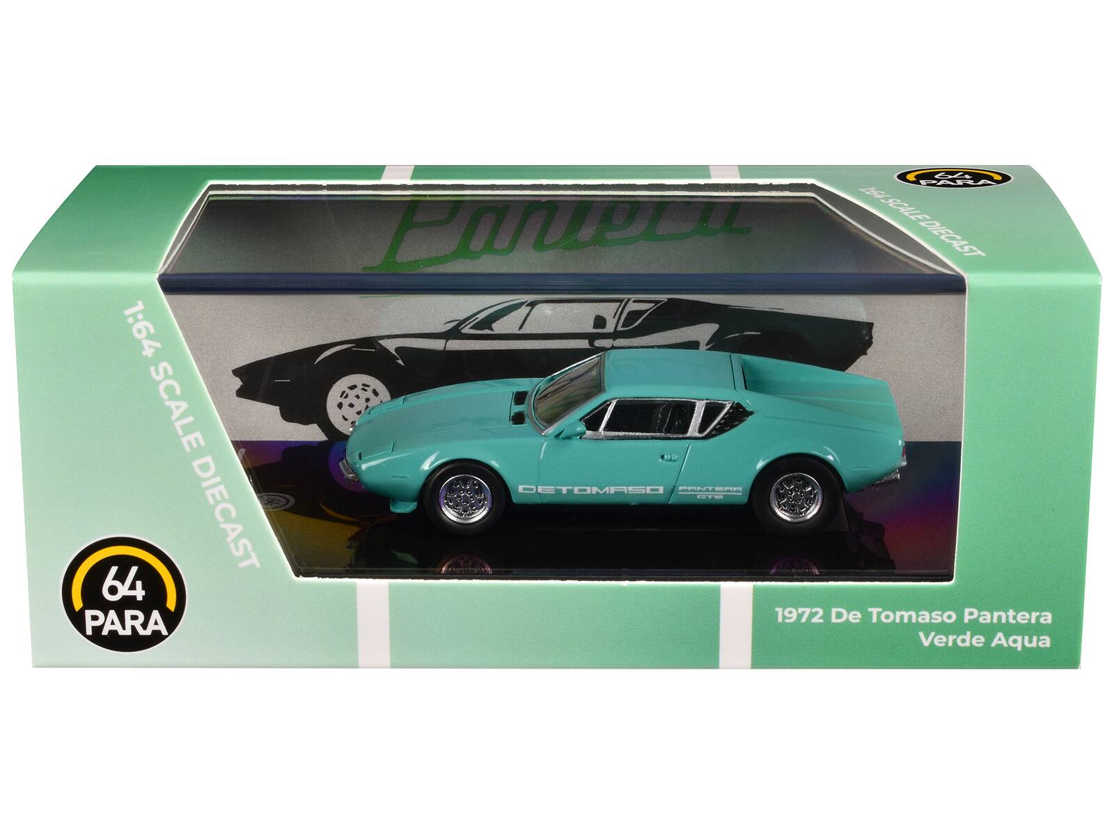 1:64 SCALE DIECAST  
1972 De Tomaso Pantera Verde Aqua