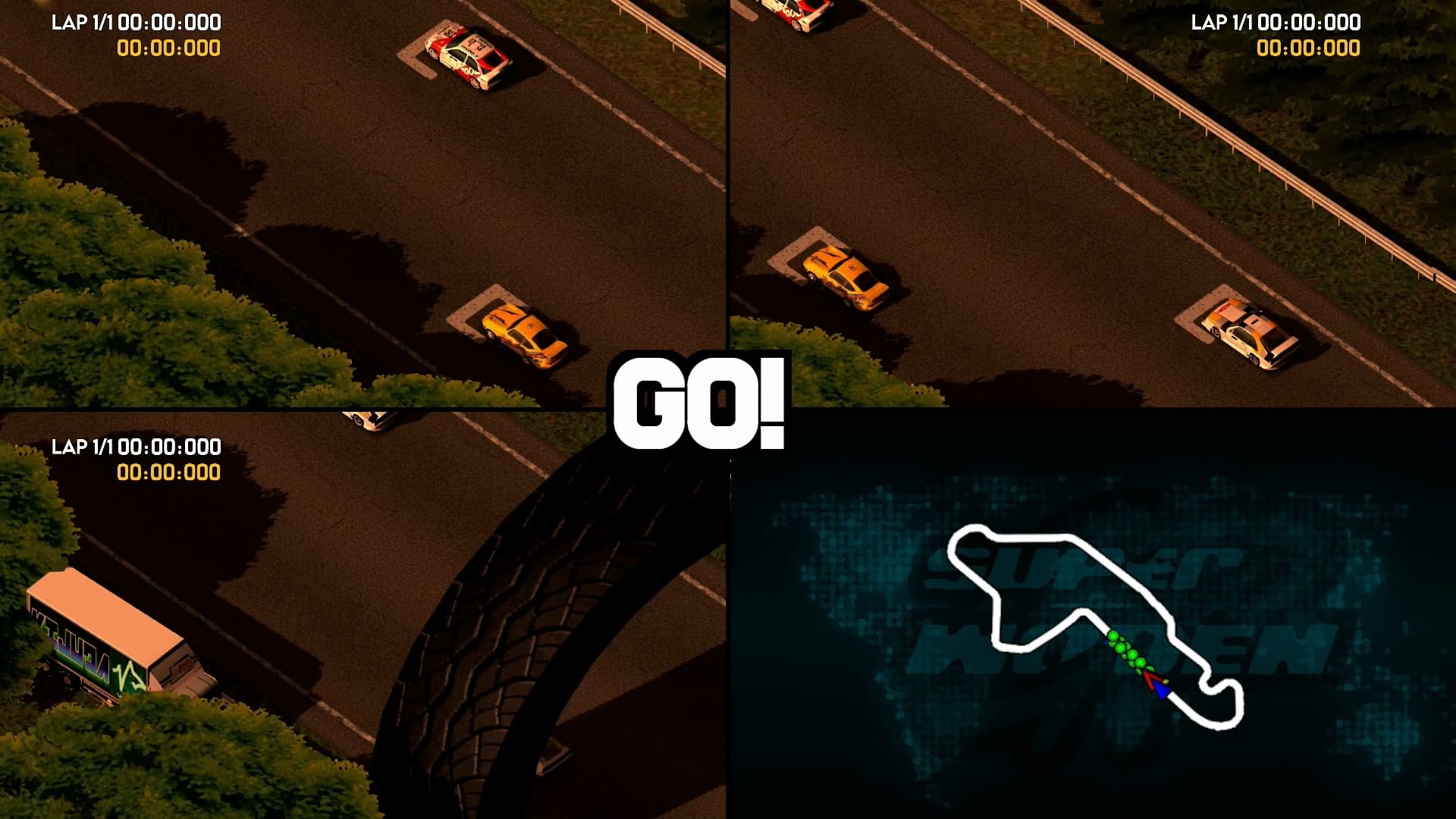 LAP 1/1 00:00:000 00:00:000 S LAP 1/1 00:00:000 00:00:000 LAP 1/1 00:00:000 00:00:000 GO!