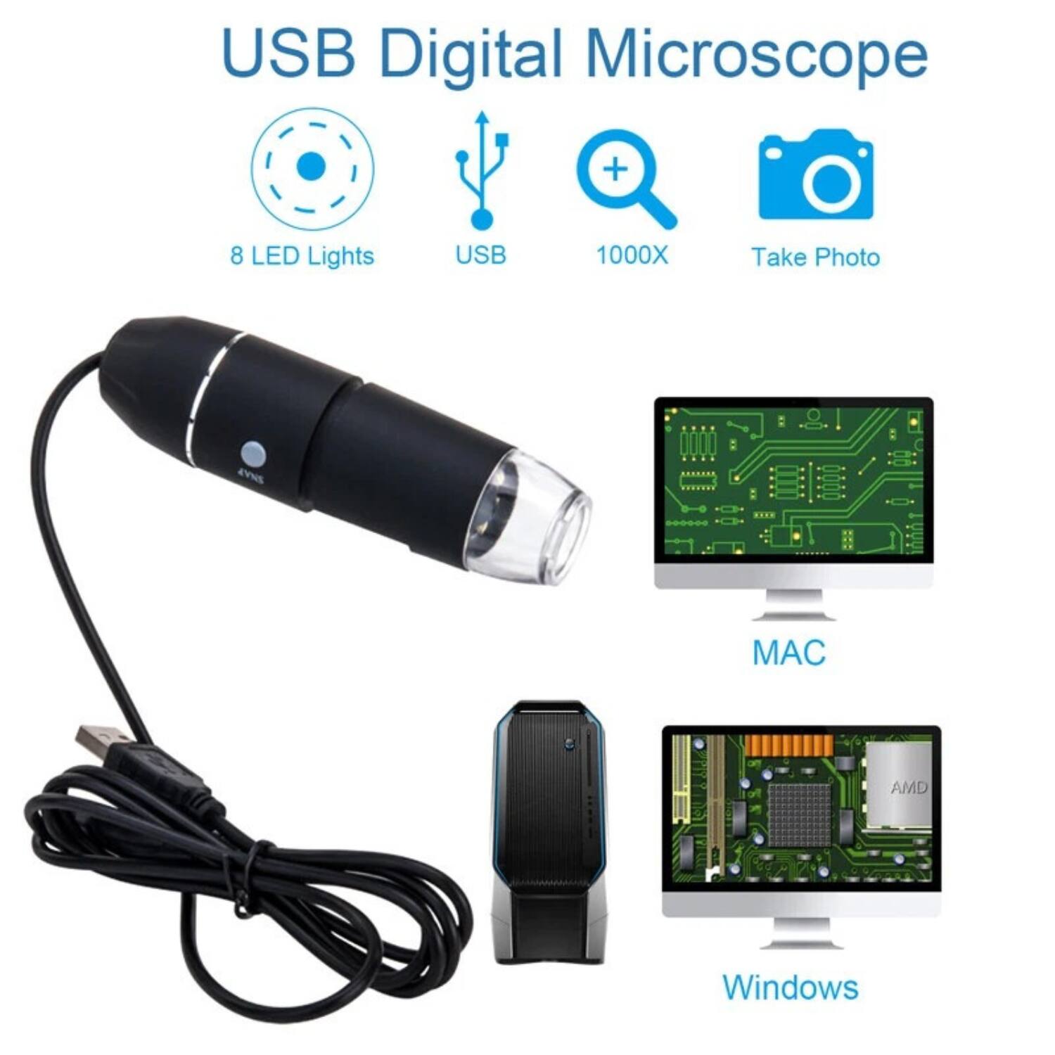 USB Digital Microscope, 8 LED Lights, USB, 1000X, Take Photo, MAC, Windows