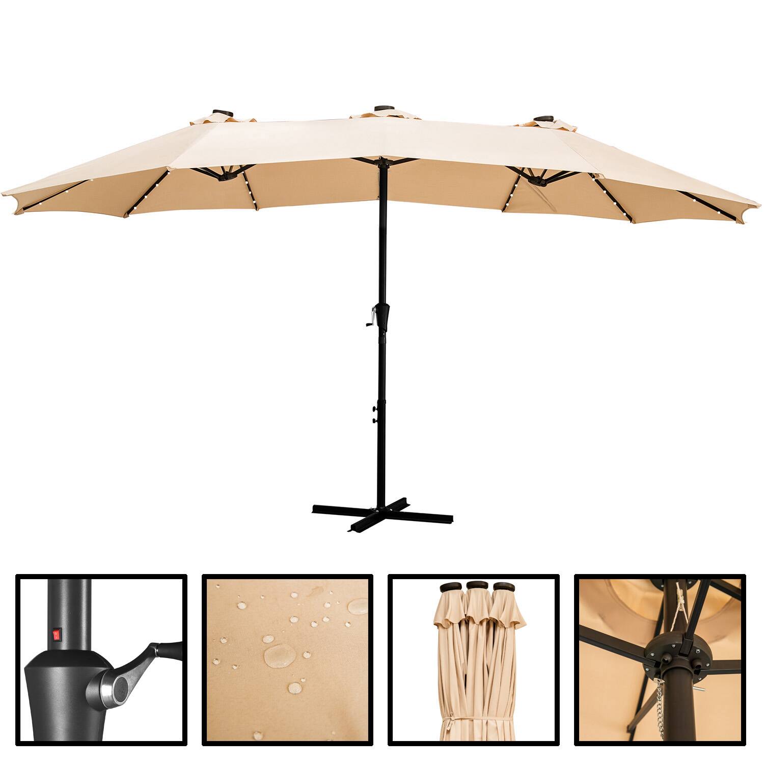 Back. Ainfox - Ainfox 15ft Patio Umbrella With LED Lights - Khaki.