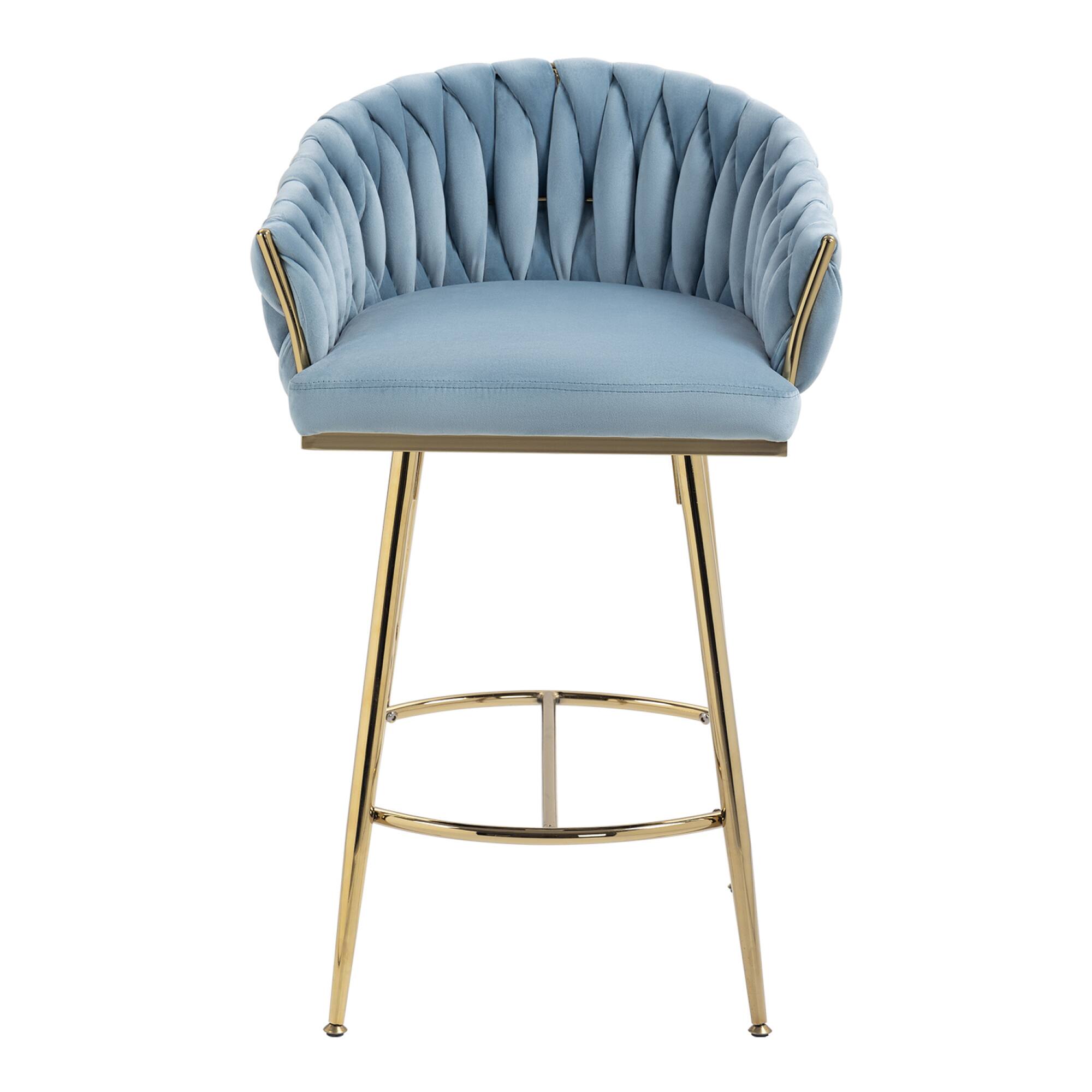 Angle. GOODSILO - Set of 2 Velvet Upholstered Bar Stools with Golden Chrome Base, Counter Height Stools for Kitchen Island or Bar Seating - Blue.