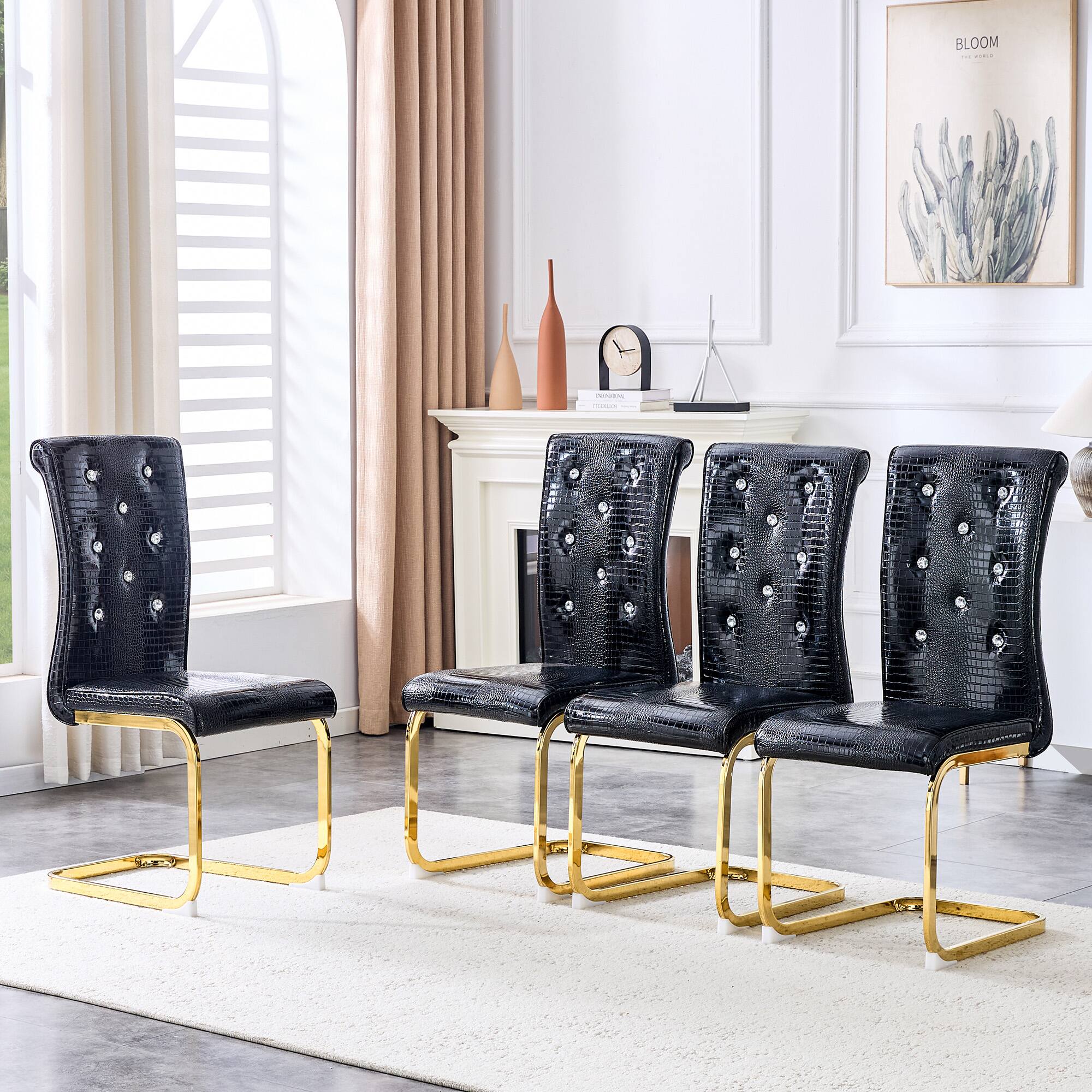 Front. Loheer - Set of 4 Retro Alligator Faux Leather Dining Chairs, Gold Bow Legs, Crystal Buckle, 1.37x1.87x3.3 ft - Black.