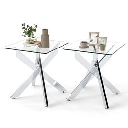 Gymax - 2PCS Glass Side Table Square End Table w/Tempered Glass Top & Metal X Base - Silver