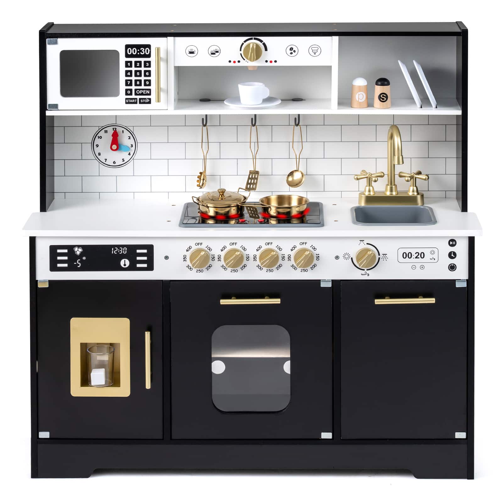 Costway - Play Kitchen for Kids, Wooden Kitchen Playset with Realistic Lights & Sounds - Black