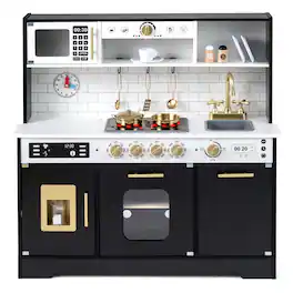 Costway - Play Kitchen for Kids, Wooden Kitchen Playset with Realistic Lights & Sounds - Black