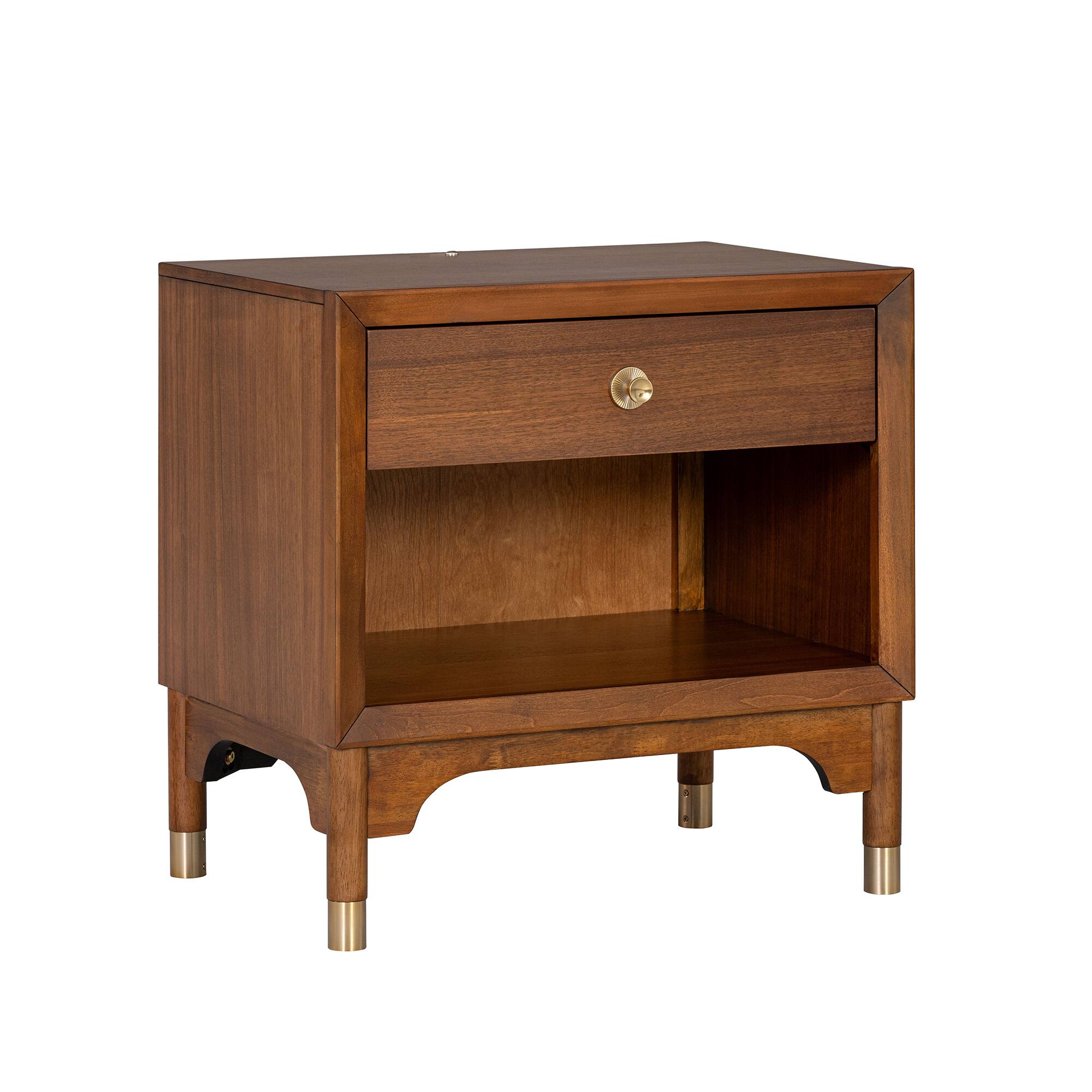 Front. Vaczon - Nightstand with USB Charging and LED Light, Modern Solid Wood Bedside Table with Storage Drawer - Walnut.