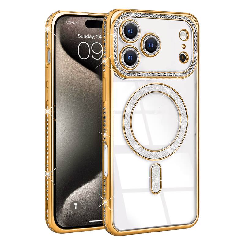 Entronix - Magnetic Case for iPhone 17 Pro Max with Luxury Rhinestone Design - Gold