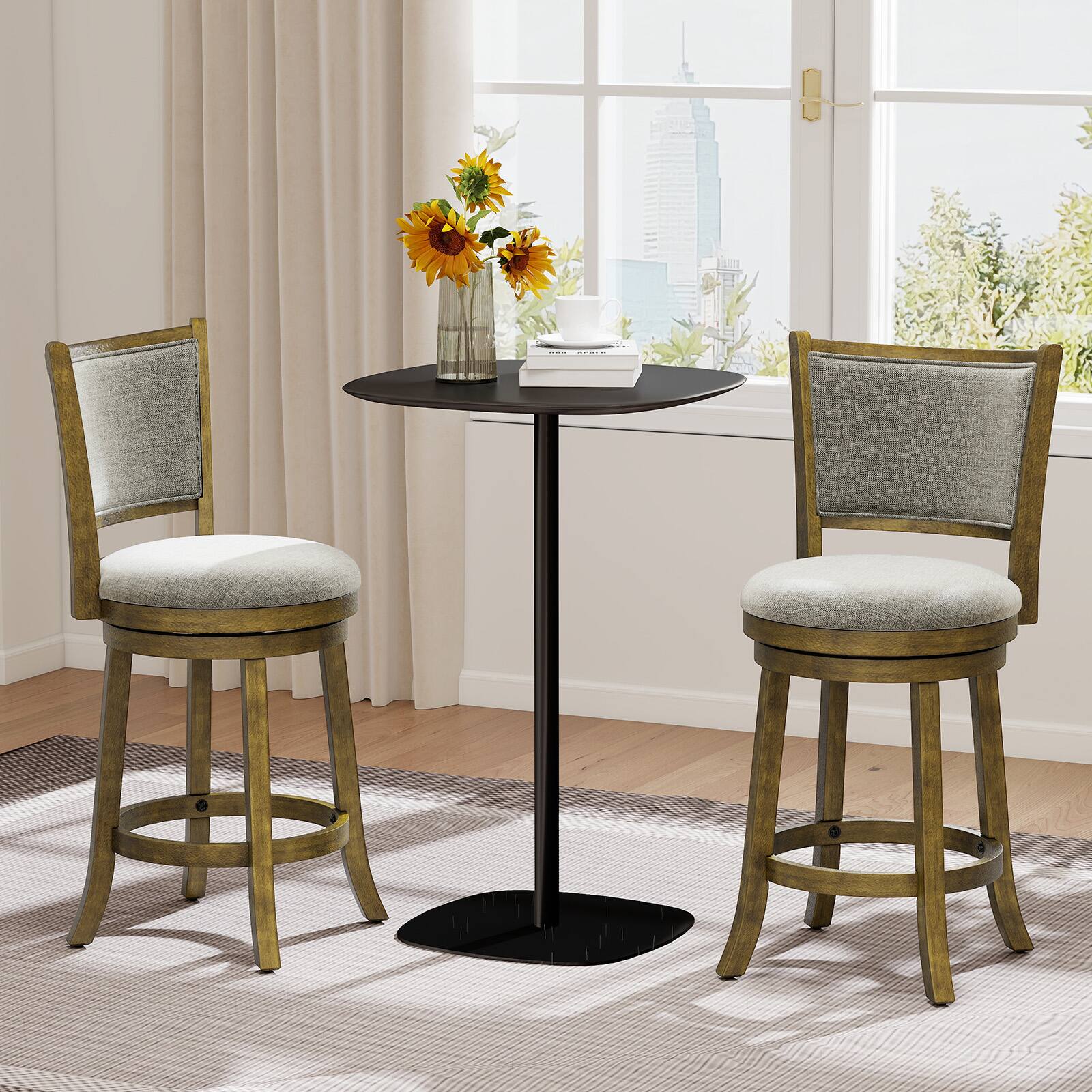 Alt View 7. Costway - Costway 25"Swivel Bar Stools Set of 4, with Backrests and Wood Frame,Upholstered Bar Chairs - Antique Gray,Light Gray.