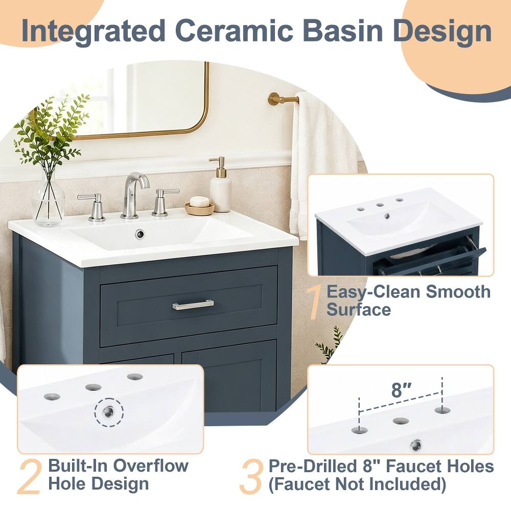 Integrated Ceramic Basin Design

1. Easy-Clean Smooth Surface
2. Built-In Overflow Hole Design
3. Pre-Drilled 8" Faucet Holes (Faucet Not Included)