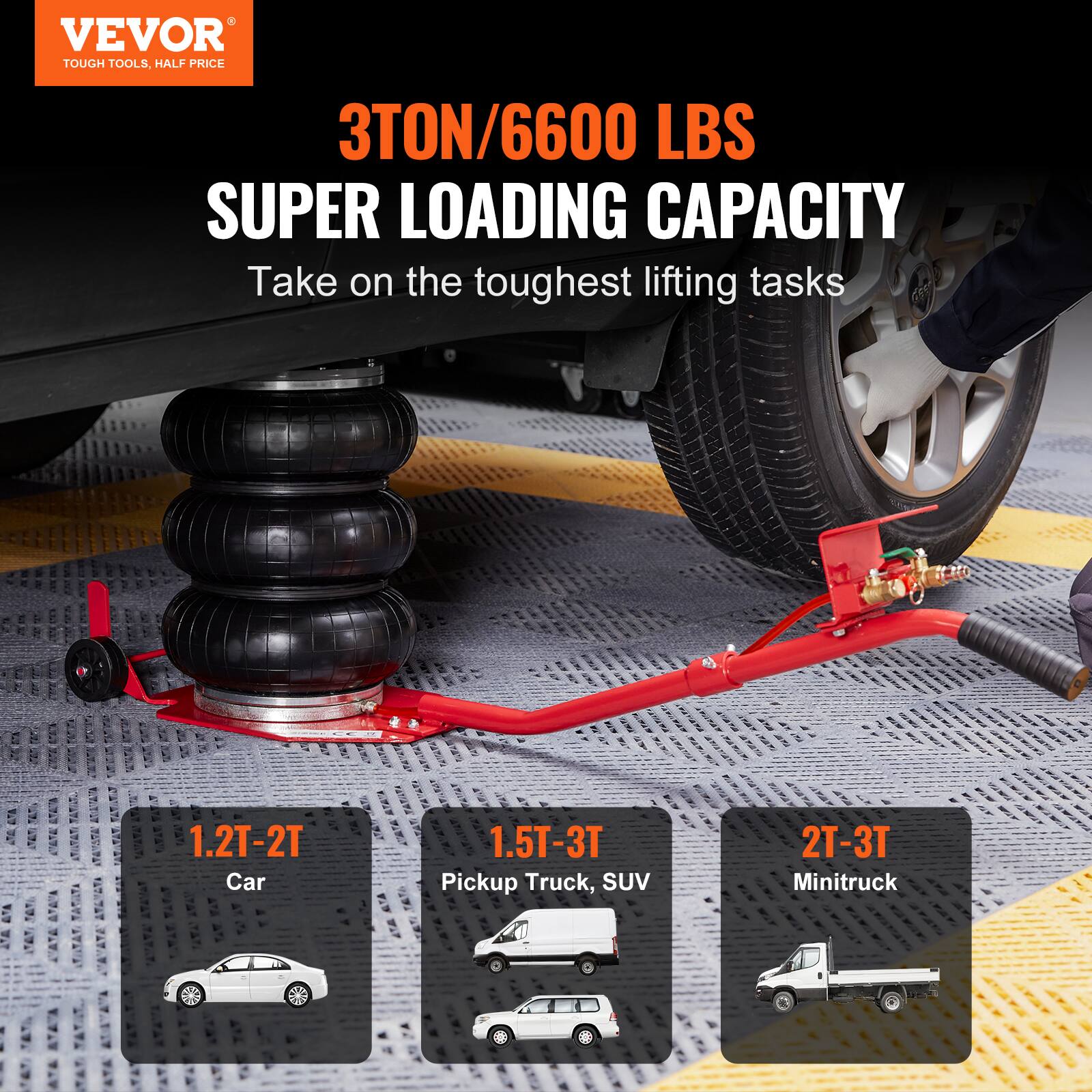 VEVOR TOUGH TOOLS, HALF PRICE

3TON/6600 LBS SUPER LOADING CAPACITY

Take on the toughest lifting tasks

1.2T-2T Car

1.5T-3T Pickup Truck, SUV

2T-3T Minitruck