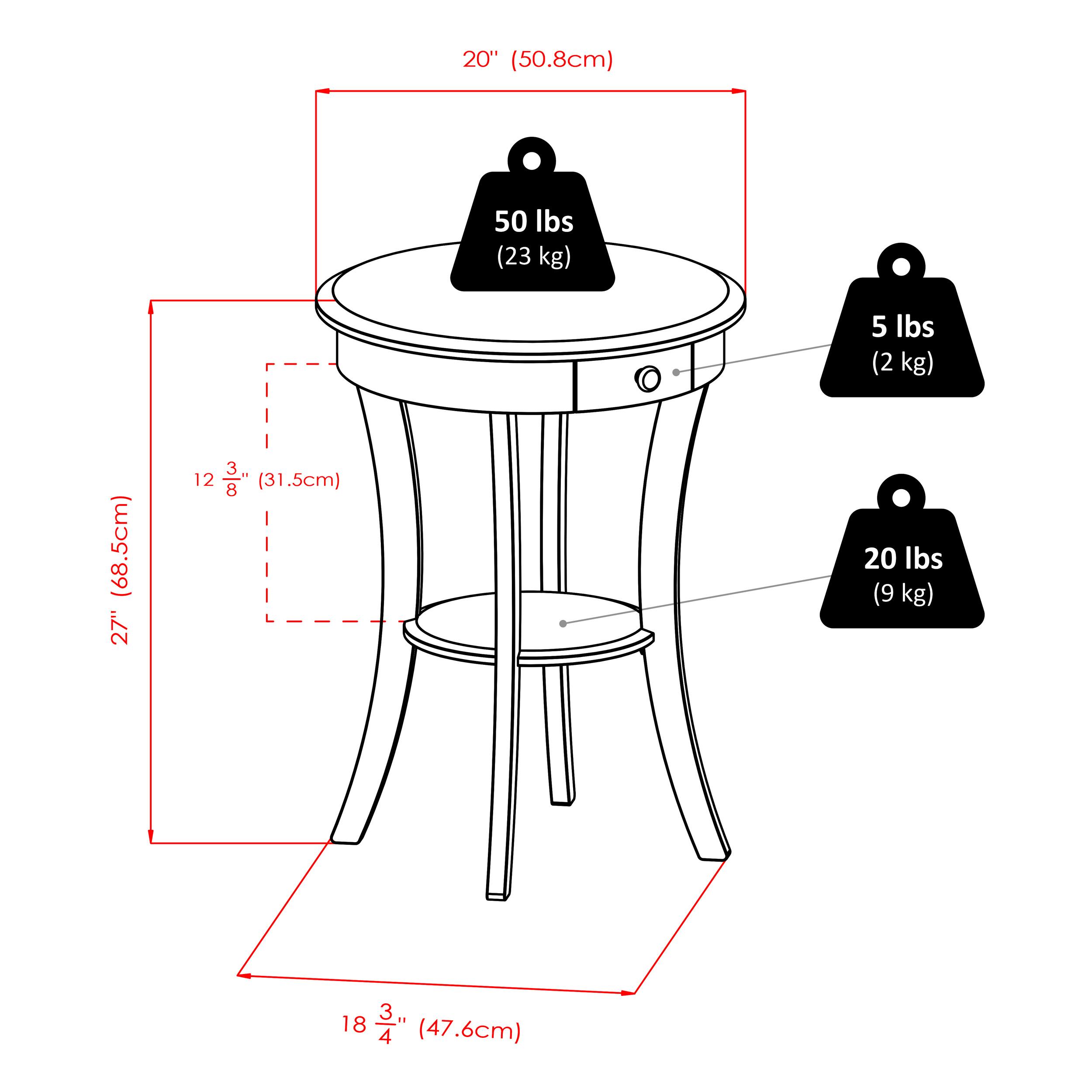 20" (50.8cm)  
50 lbs (23 kg)  
5 lbs (2 kg)  
(68.5cm)  
27"  
12" (31.5cm)  
20 lbs (9 kg)  
18 3/4" (47.6cm)