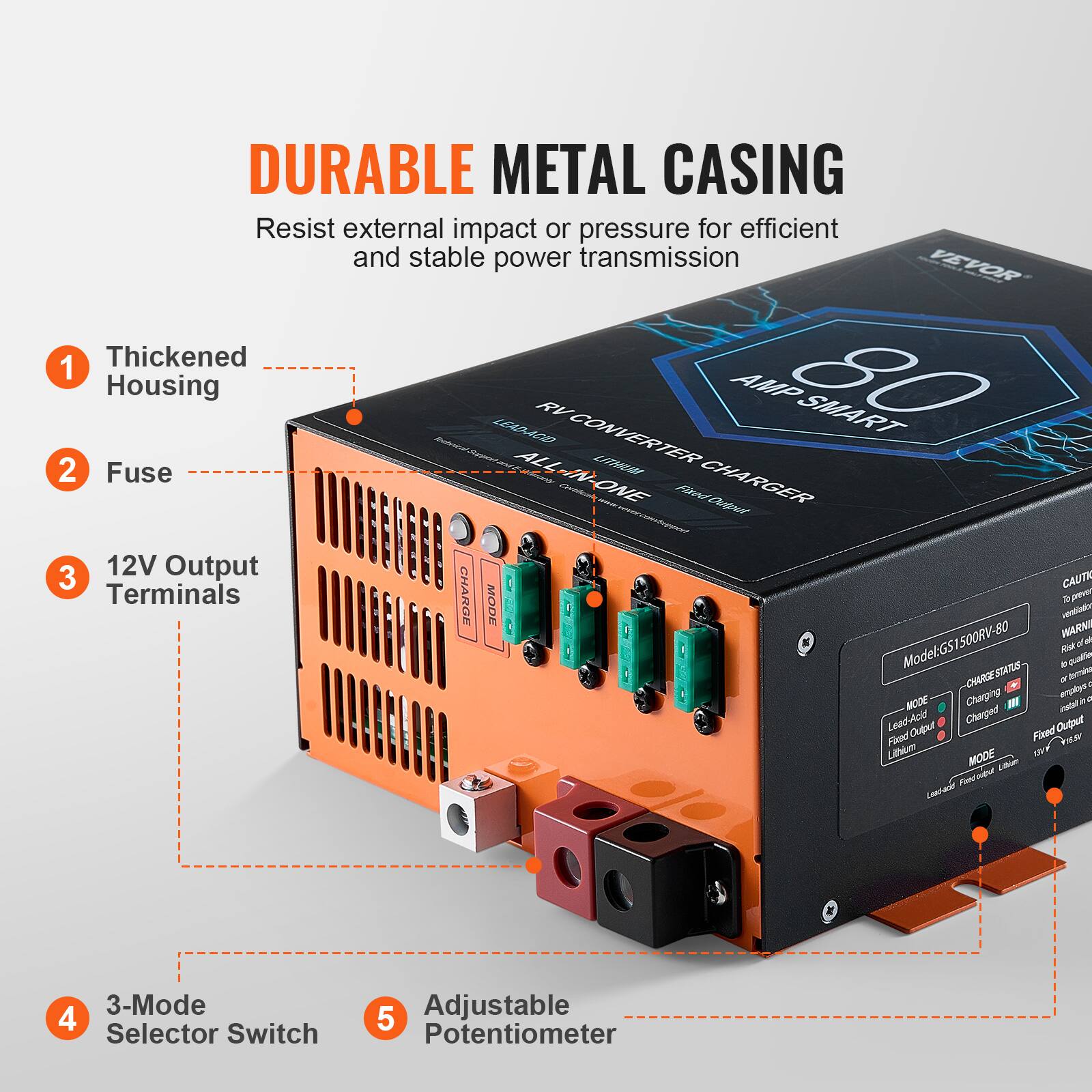 DURABLE METAL CASING  
Resist external impact or pressure for efficient and stable power transmission  

1. Thickened Housing  
2. Fuse  
3. 12V Output Terminals  
4. 3-Mode Selector Switch  
5. Adjustable Potentiometer  

VEVOR  
80 AMP SMART  
LEAD-ACID CONVERTER  
LITHIUM ALL-IN-ONE E-Mants CHARGER  

Model: GS1500RV-80  
- CHARGE STATUS -  
- Charging  
- Charged  
- Fixed Output  

CAUTION  
To prevent damage to the unit or injury, do not use the charger in a wet or damp environment.  
WARNING  
To prevent electric shock, do not touch the terminals while the charger is in use.  

Lead-Acid  
Lithium  
Fixed Output