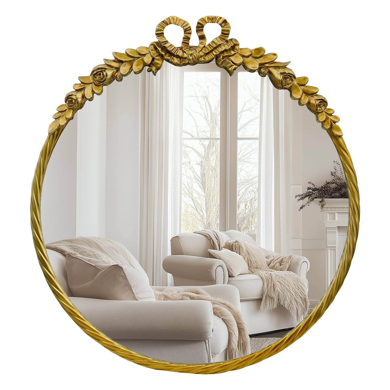 Empire DigiLabs - Antique Round Mirror 28 baroque Style Vintage Metal Frame Ornate Circle Wall Mirrors For Bathroom Living Ro - Retro Gold 24"L x 24"W