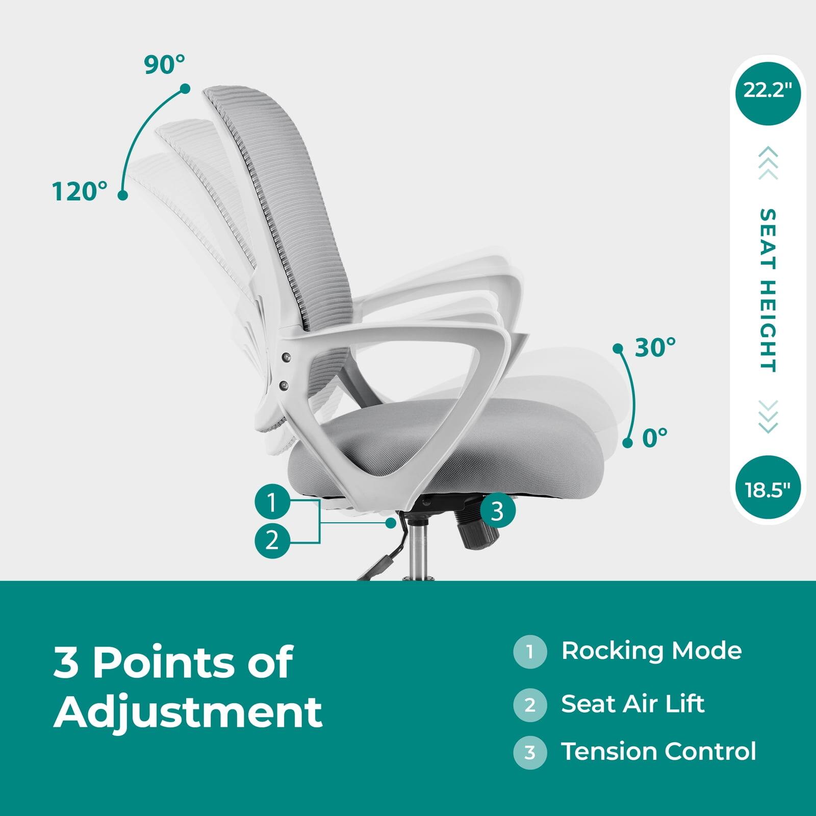 90° 22.2" 120° 30° 0° SEAT HEIGHT 18.5" 3 Points of Adjustment 1 Rocking Mode 2 Seat Air Lift 3 Tension Control