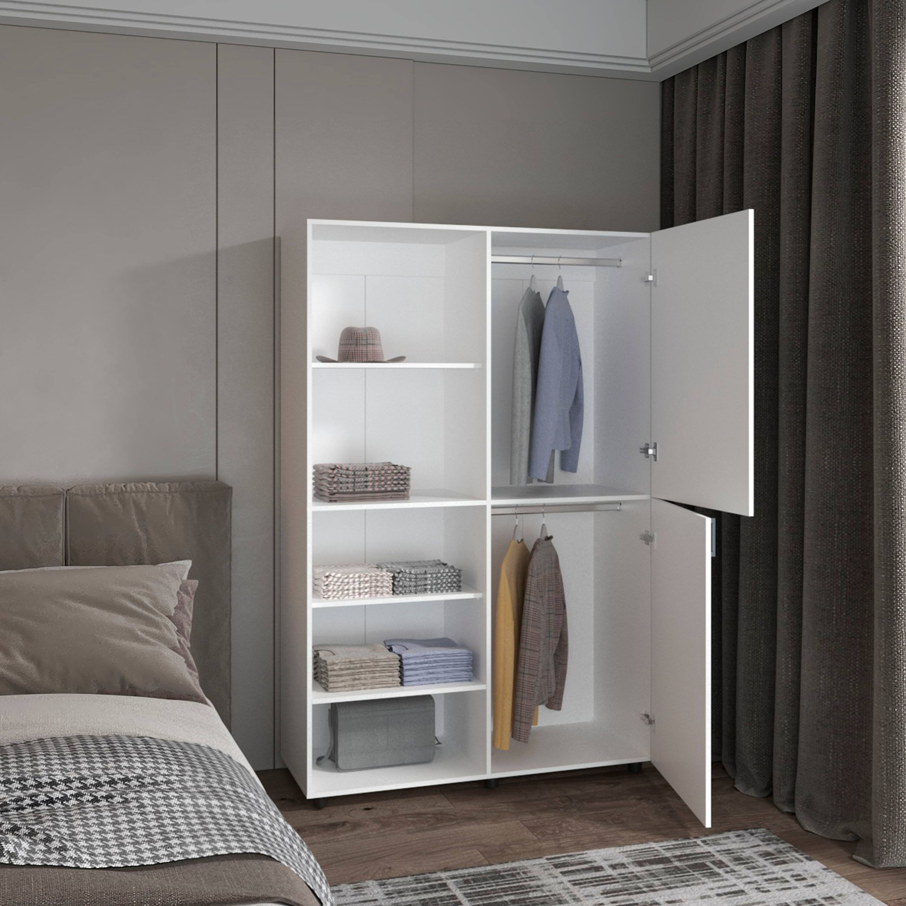 Back. TuHome - Eco High One Door Freestanding Armoire With Hanging Rod And Interior Shelves, Compact Bedroom Wardrobe - White.