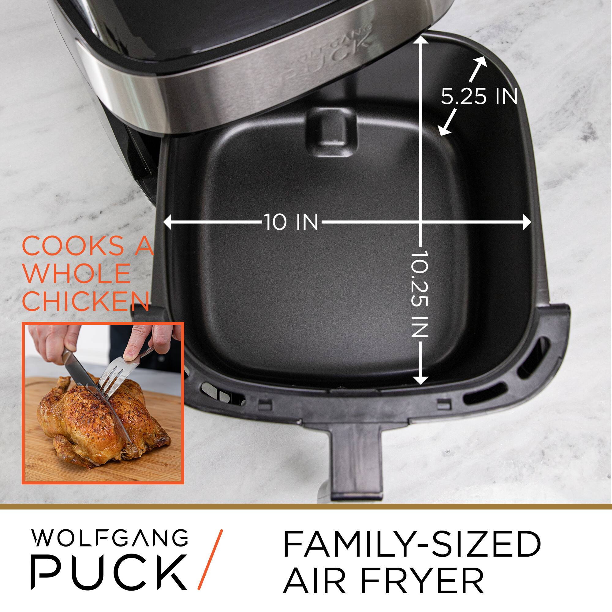 The text on the image can be grouped and corrected as follows:

- "PUCK 5.25 IN COOKS A WHOLE CHICKEN 10 IN 10.25 IN ZI WOLFGANG FAMILY-SIZED PUCK / AIR FRYER"

Corrected text:
- "Wolfgang Puck 5.25 IN Air Fryer cooks a whole chicken. 10 IN x 10.25 IN. Family-sized air fryer."
