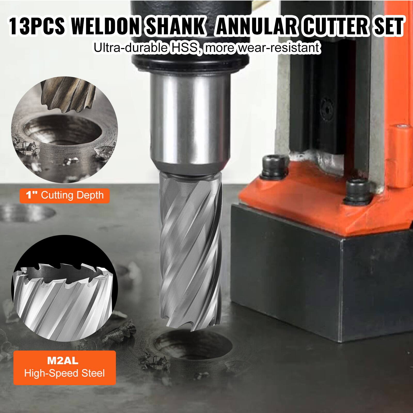 13PCS WELDON SHANK ANNULAR CUTTER SET  
Ultra-durable HSS, more wear-resistant  

1" Cutting Depth  

M2AL High-Speed Steel