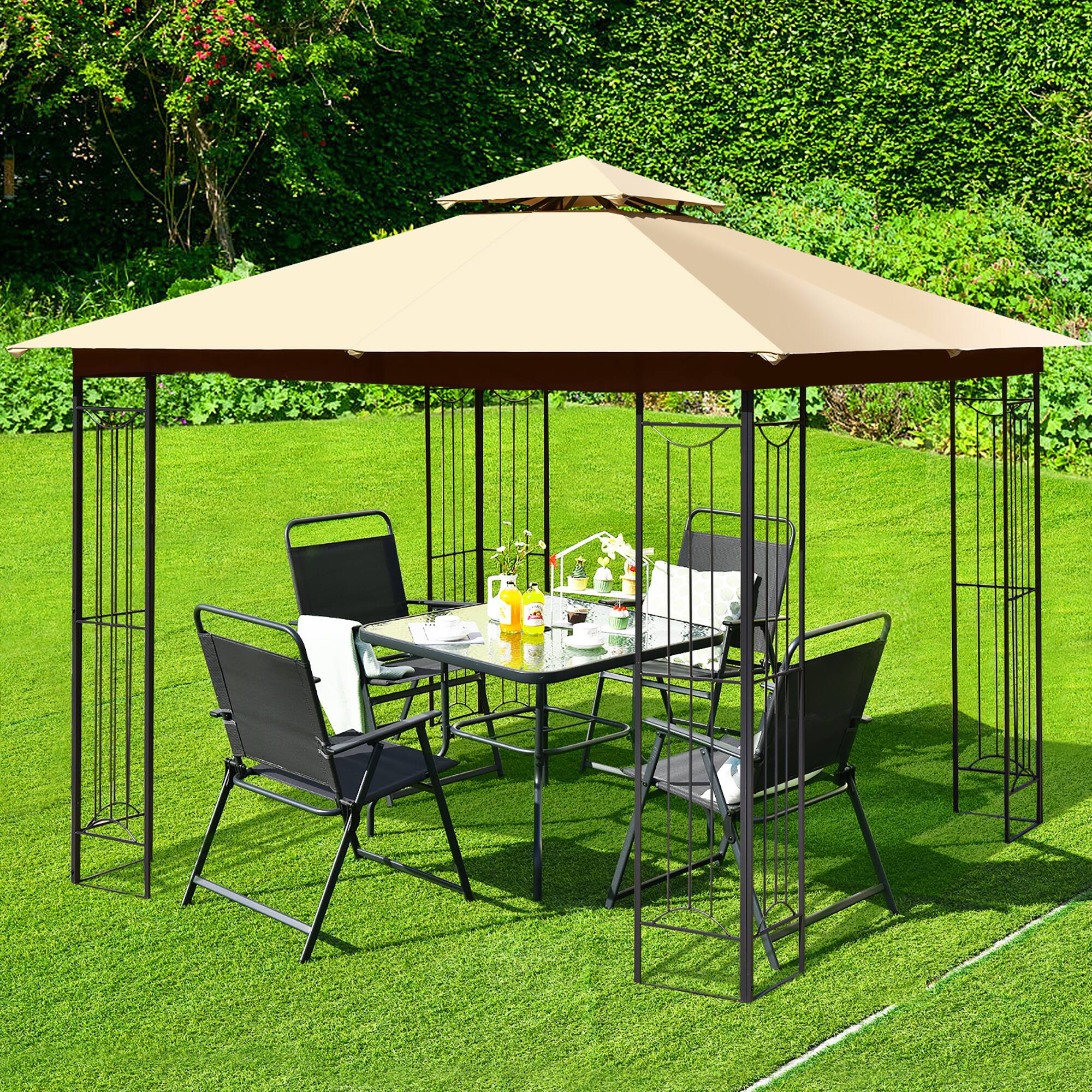 Alt View 1. Costway - Costway 10' x 10' Patio Canopy Gazebo Outdoor 2-Tier Steel Tent Heavy-Duty L-Shaped - Beige.