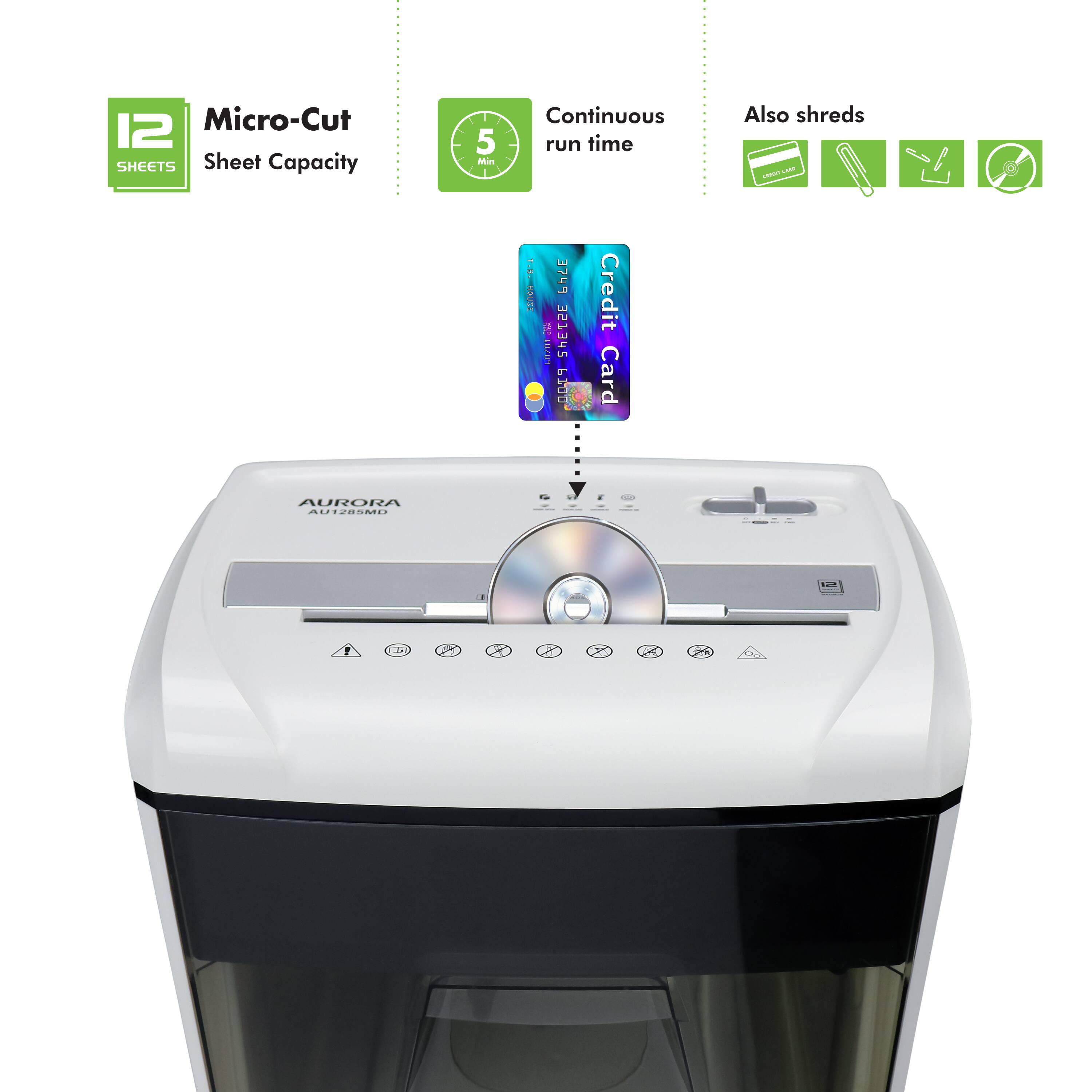 12 Micro-Cut SHEETS Sheet Capacity 5 Min Continuous run time Also shreds - I 354 3749 g ShET2E POT J  Credit Card AURORA FMSTUA .... AA 1 ....