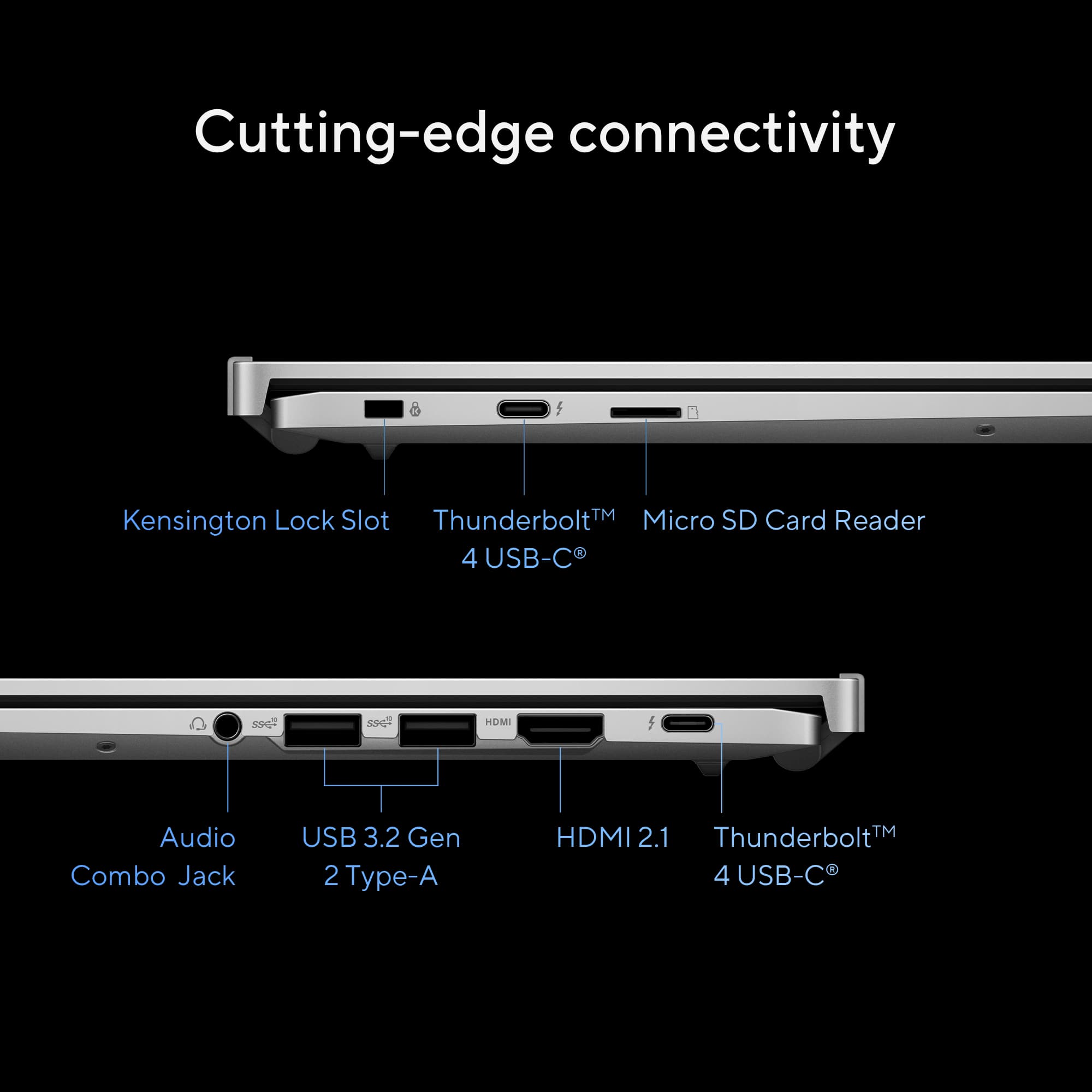Cutting-edge connectivity:
1. Lock Slot
2. ThunderboltTM
3. Micro SD Card Reader
4. Kensington
5. 4 USB-C
6. SPG HOMI
7. Audio Combo Jack
8. USB 3.2 Gen 2
9. Type-A
10. ThunderboltTM
11. HDMI 2.1
12. 4 USB-C
