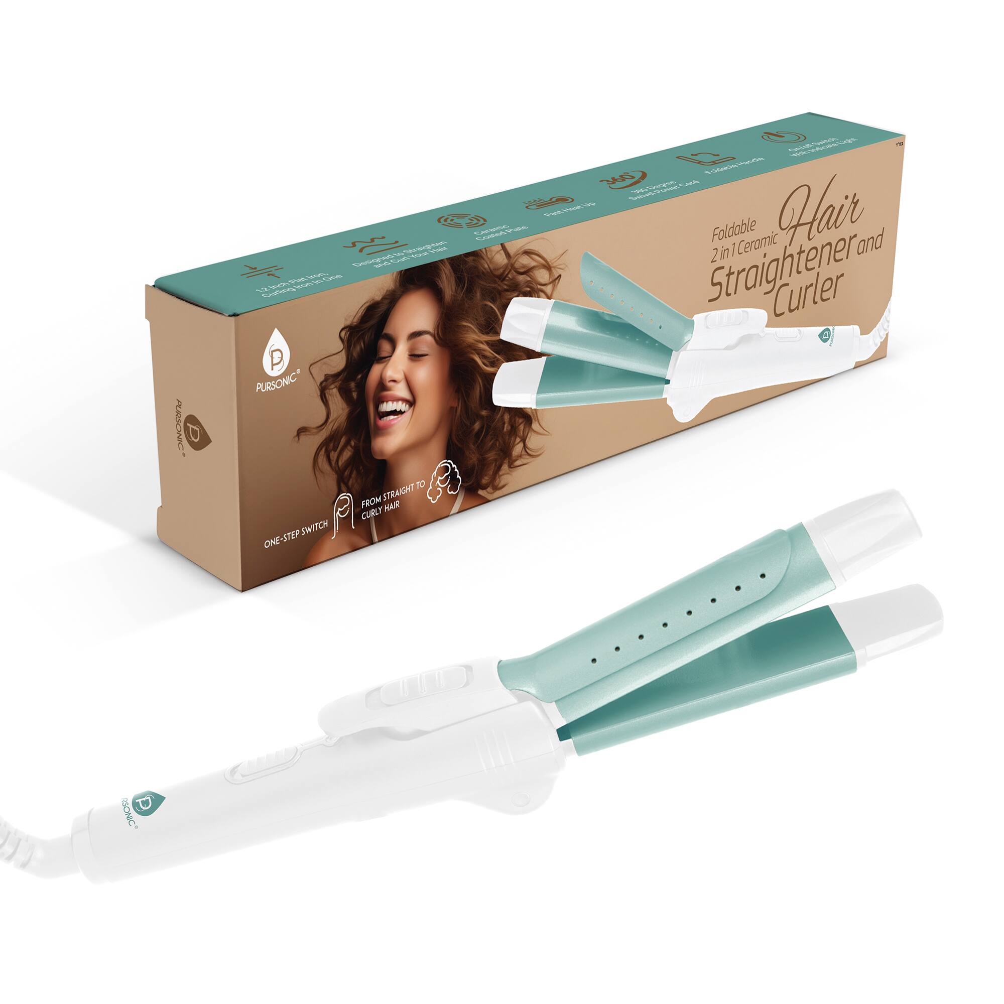 Pursonic - All-in-One Straightener and Curler: Compact, Foldable Design - White