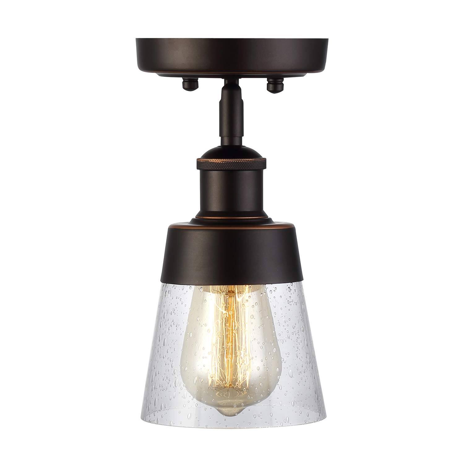Front. Earthley Blooms - Rustic Glass Flush Mount Light Fixture Mini Clear Seeded Shade Semi Ceiling For Hallway Farmhouse Kitchen E - Oil-Rubbed Bronze.
