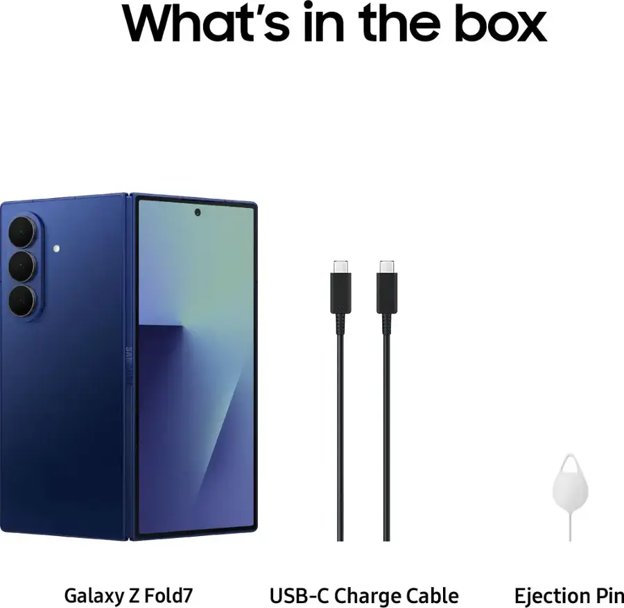 What's in the box: Galaxy Z Fold7, USB-C Charge Cable, Ejection Pin