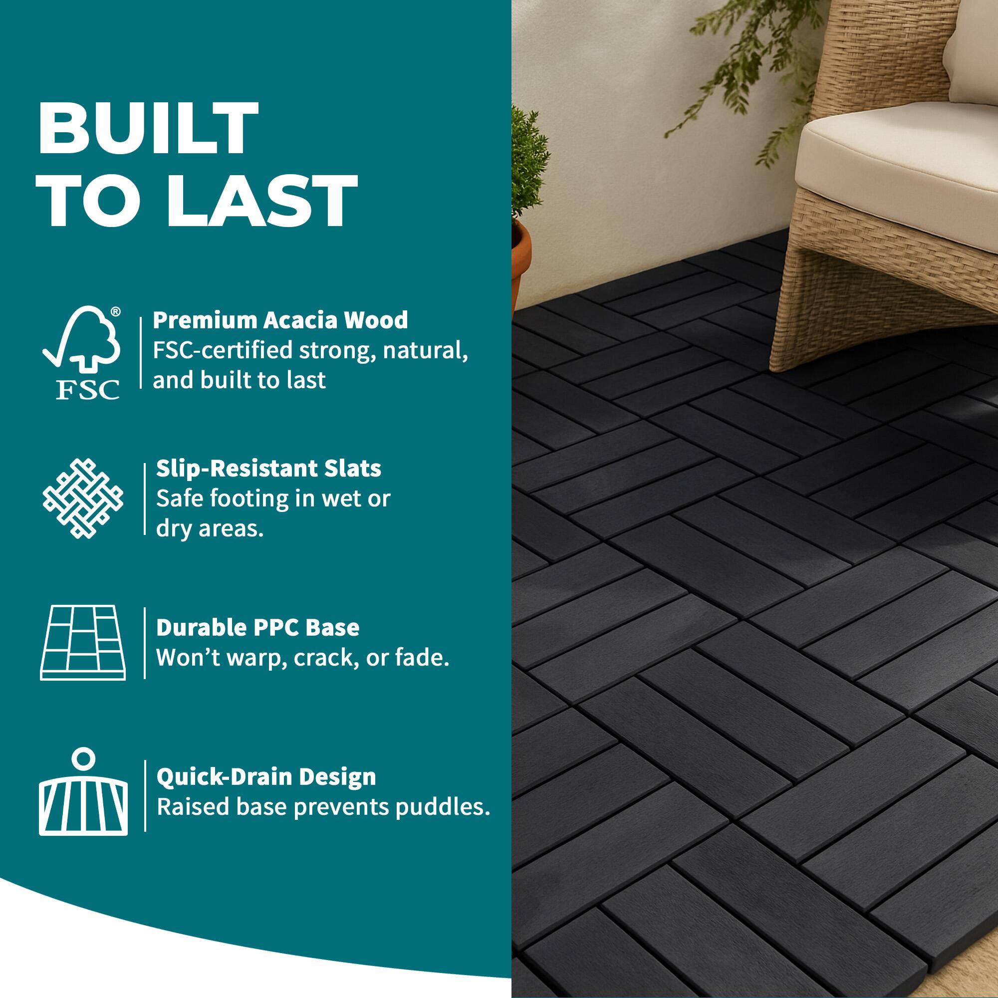 BUILT TO LAST

Premium Acacia Wood
FSC-certified strong, natural, and built to last

Slip-Resistant Slats
Safe footing in wet or dry areas.

Durable PPC Base
Won't warp, crack, or fade.

Quick-Drain Design
Raised base prevents puddles.