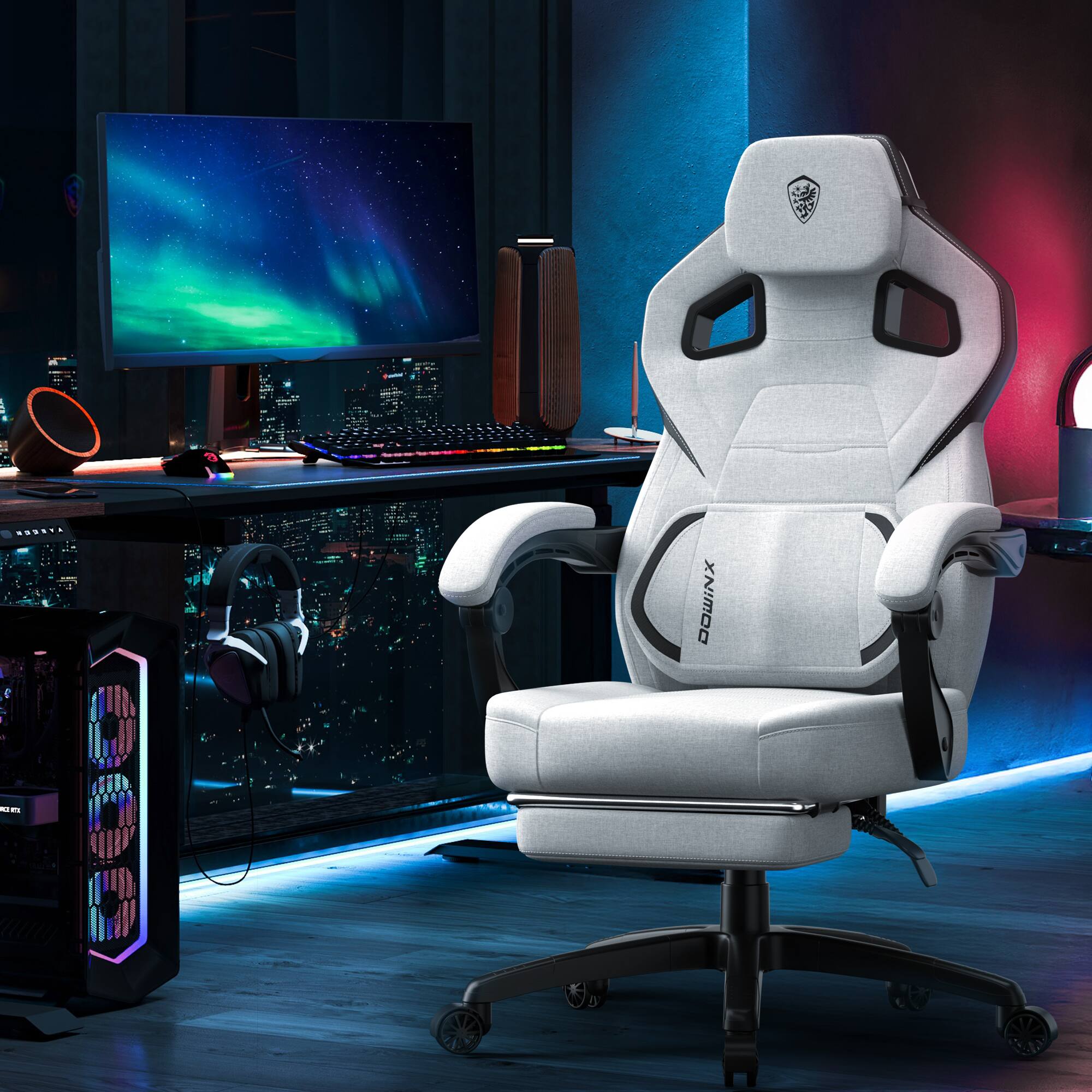 Alt View 3. Dowinx - Wide Back Gaming Chair with Footrest for Adults, Office Chair Big and Tall with Breathable Pocket Spring Cushion, Fabric - White.