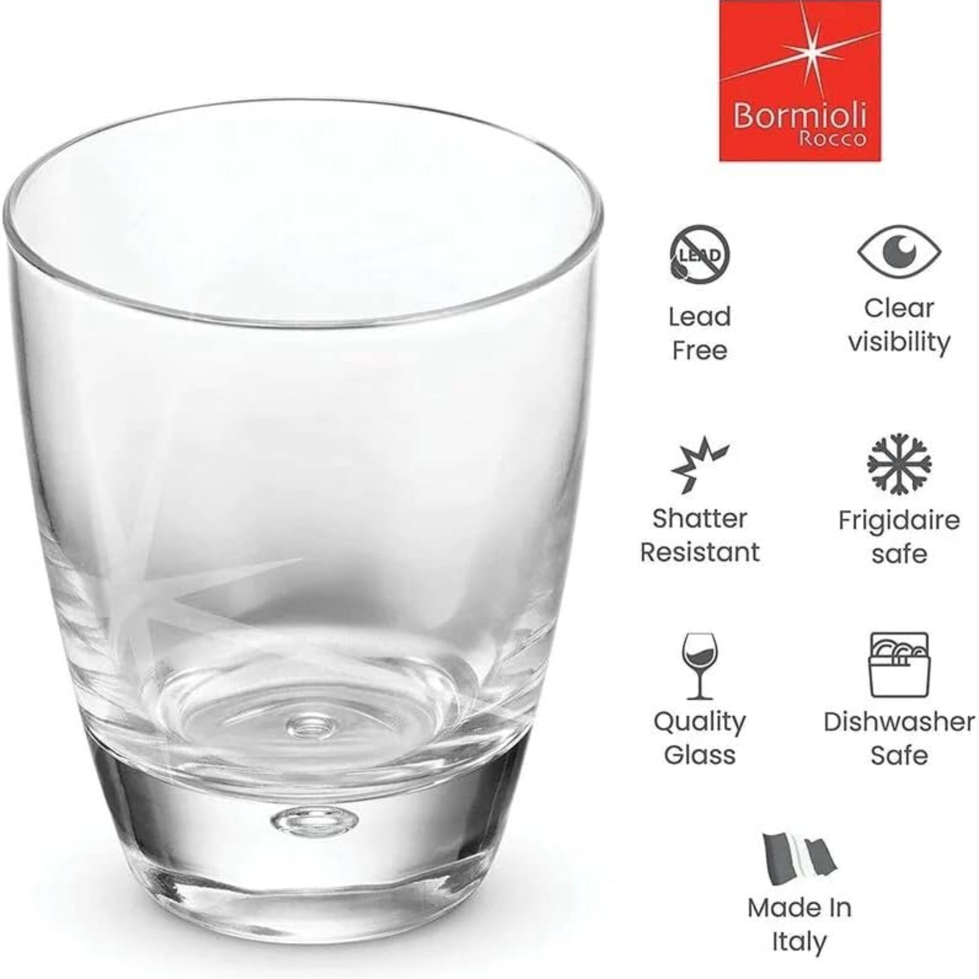 Bormioli Rocco Lead Free Clear visibility Shatter Resistant Frigidaire safe Quality Glass Dishwasher Safe Made In Italy