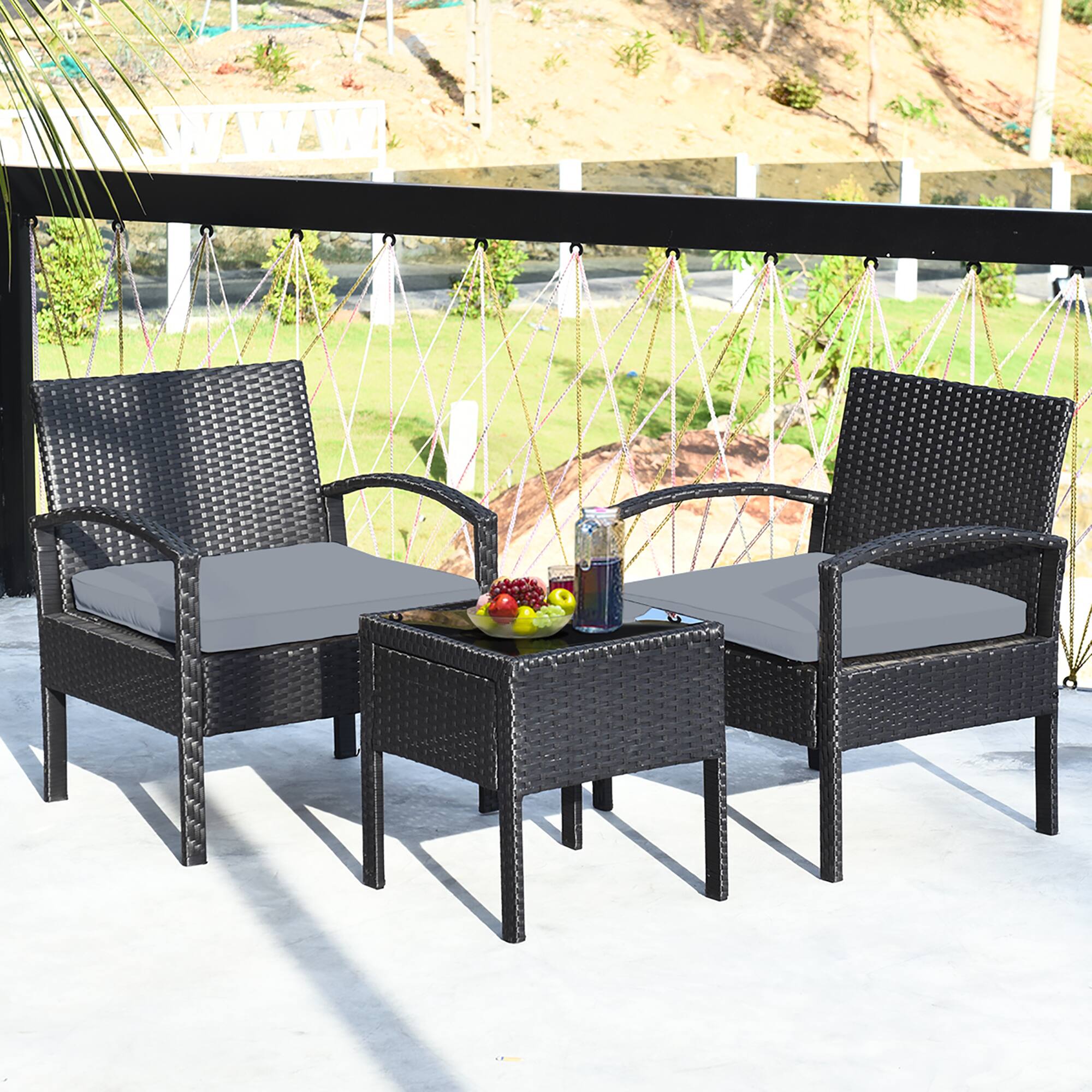 Alt View 1. Costway - Costway 3PCS Patio Rattan Furniture Set Coffee Table Conversation Sofa Cushioned - Black.