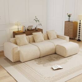 Anysun - Streamlined L-Shape Velvet Sectional Sofa - 3-Seat Boneless Design, No Assembly, Includes Pillows & Ottoman - Cream