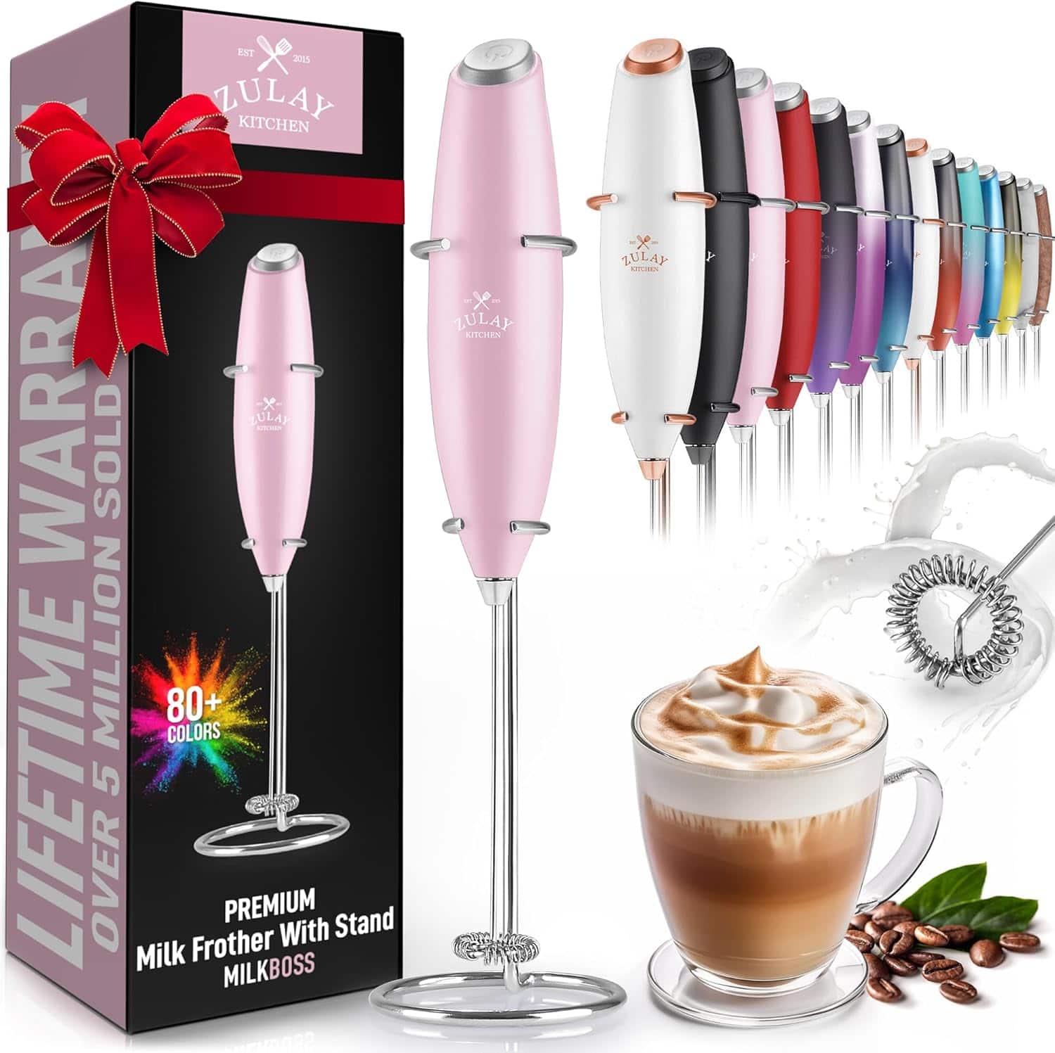 Zulay Kitchen - Powerful Milk Frother Wand - Ultra Fast Handheld Drink Mixer - Pink