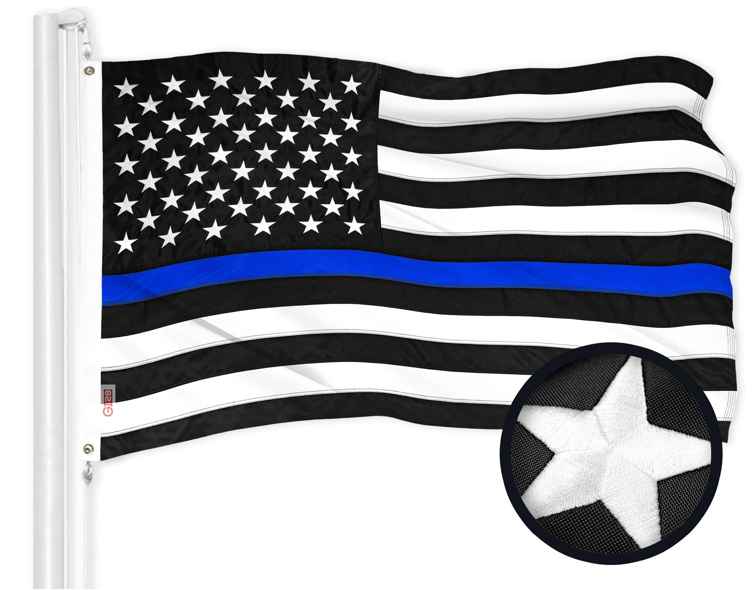 G128 - Thin Blue Line Embroidered Flag — 16 x 24 in 300D Polyester with Brass Grommets - Assorted Colors