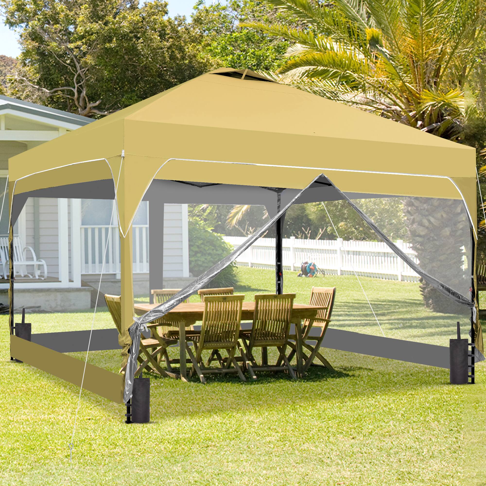 Angle. Ainfox - 12x12 Pop Up Canopy Tent,Outdoor Gazebo with Center Lock 4 Removable Transparent Walls & Carrying Bag - Khaki.