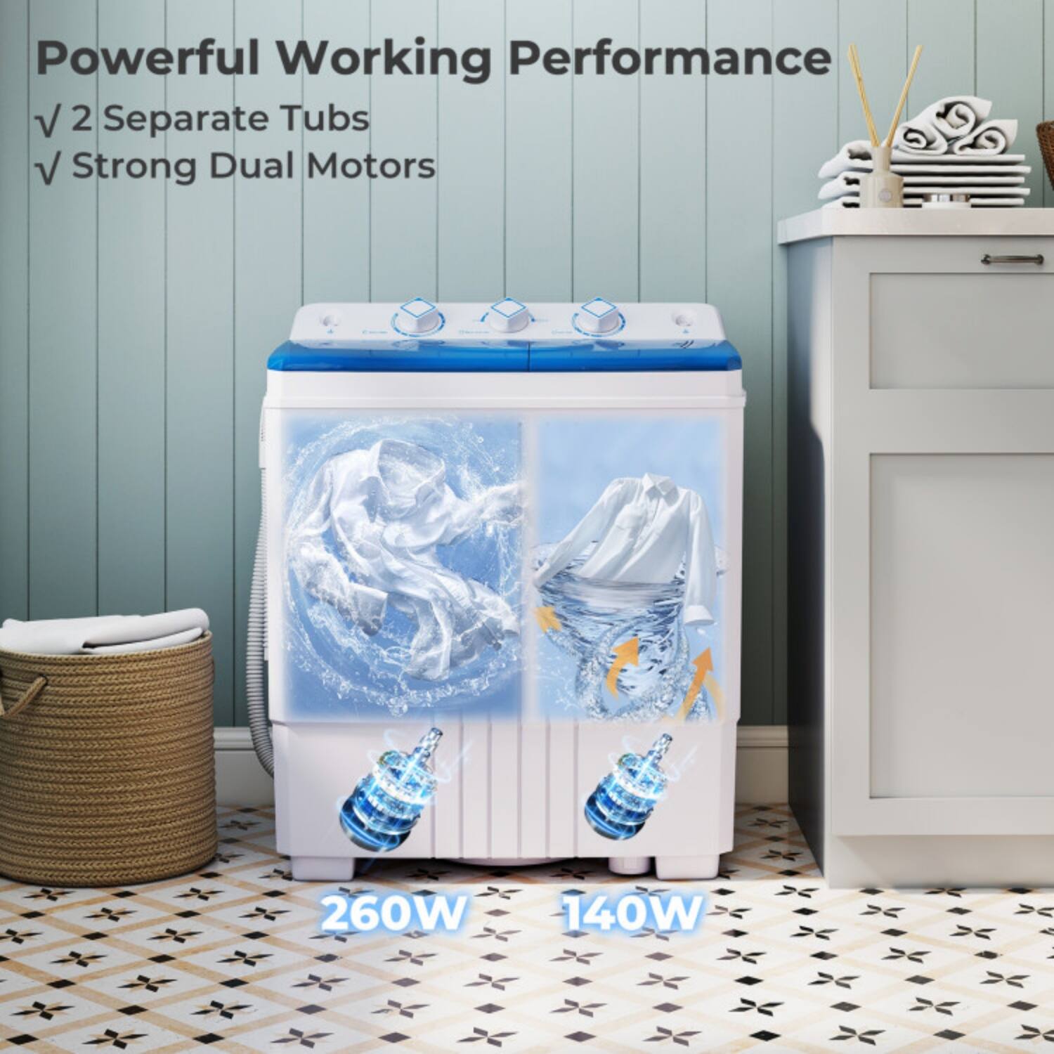 Powerful Working Performance  
✓ 2 Separate Tubs  
✓ Strong Dual Motors  
260W 140W