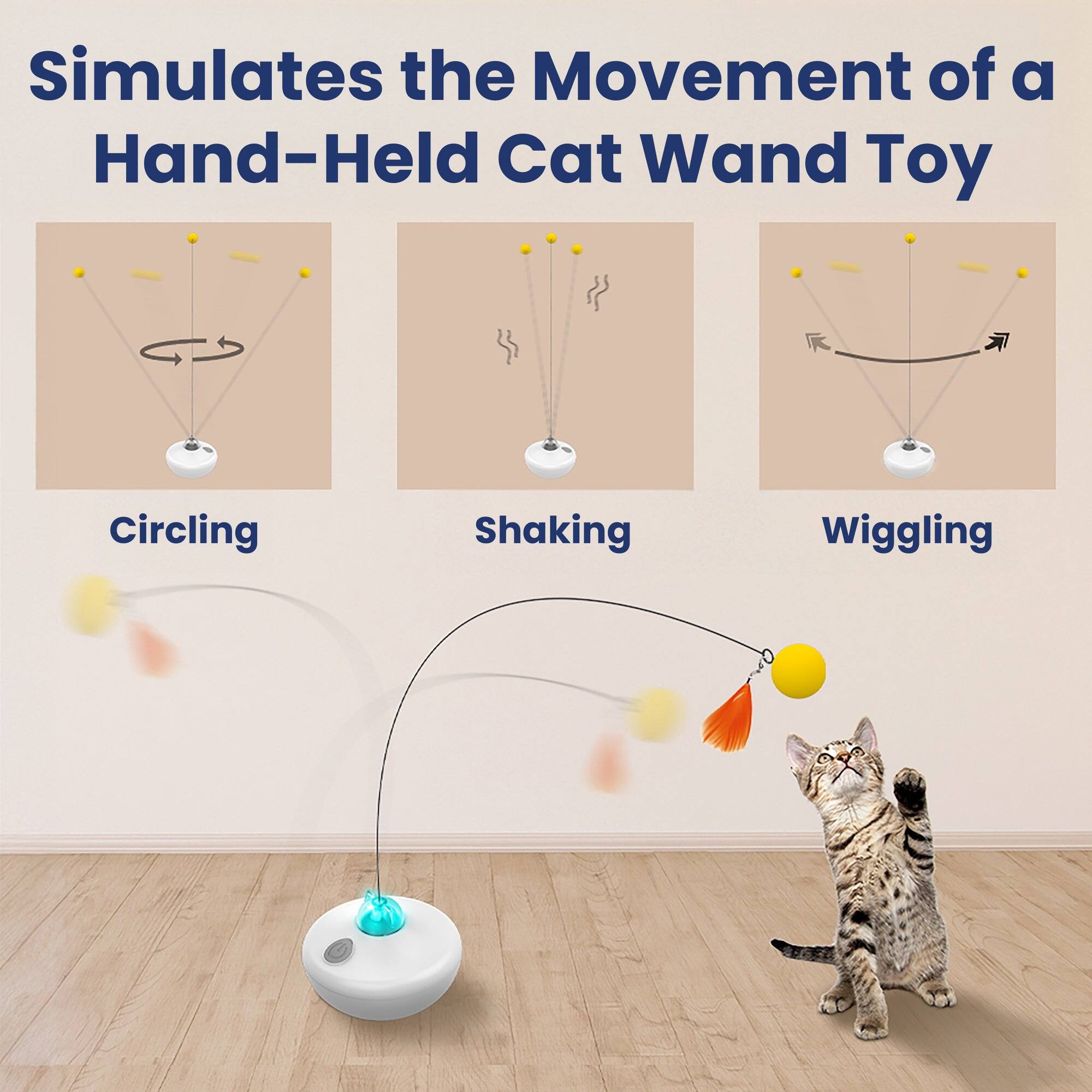 Simulates the Movement of a Hand-Held Cat Wand Toy

Circling  
Shaking  
Wiggling