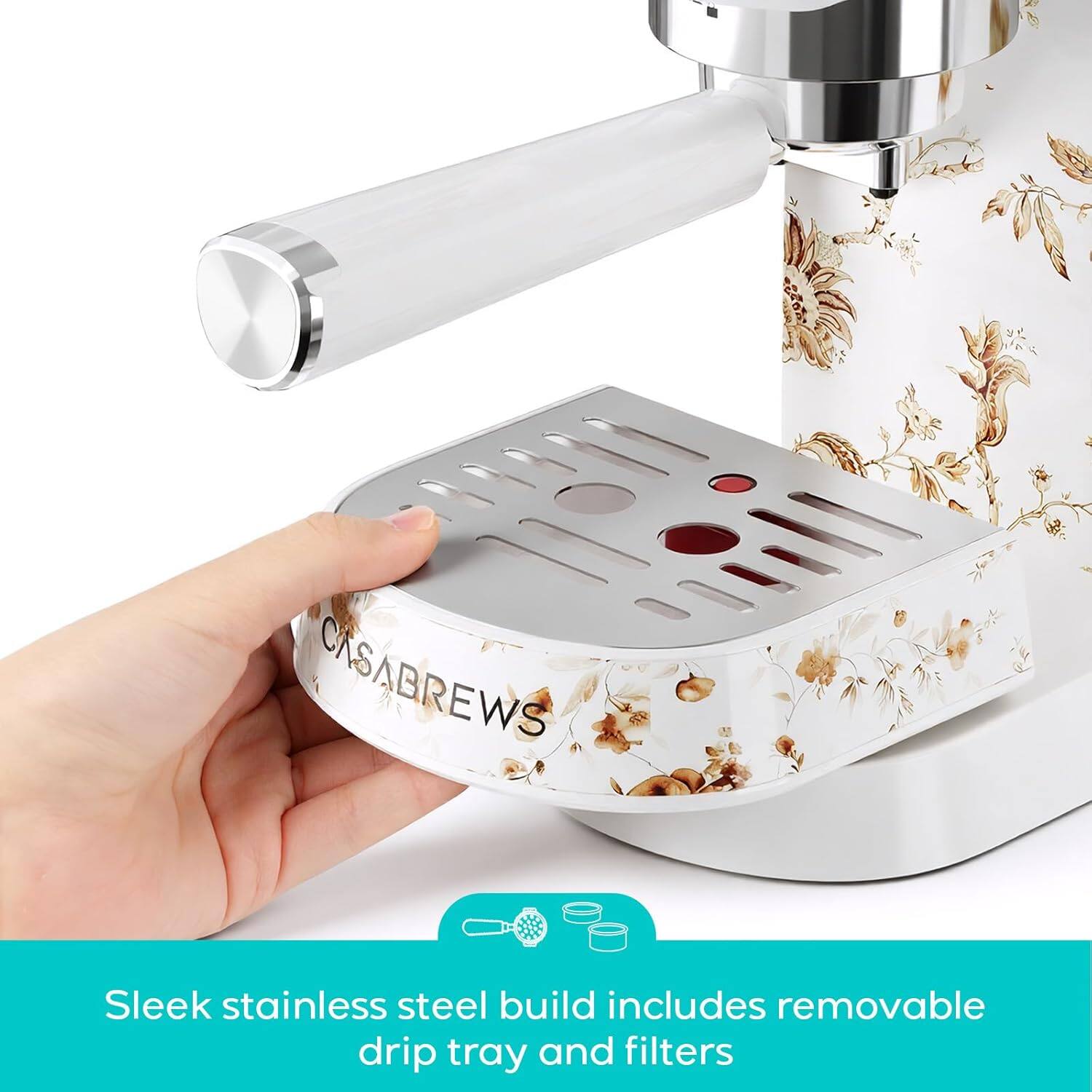 CASABREWS Sleek stainless steel build includes removable drip tray and filters