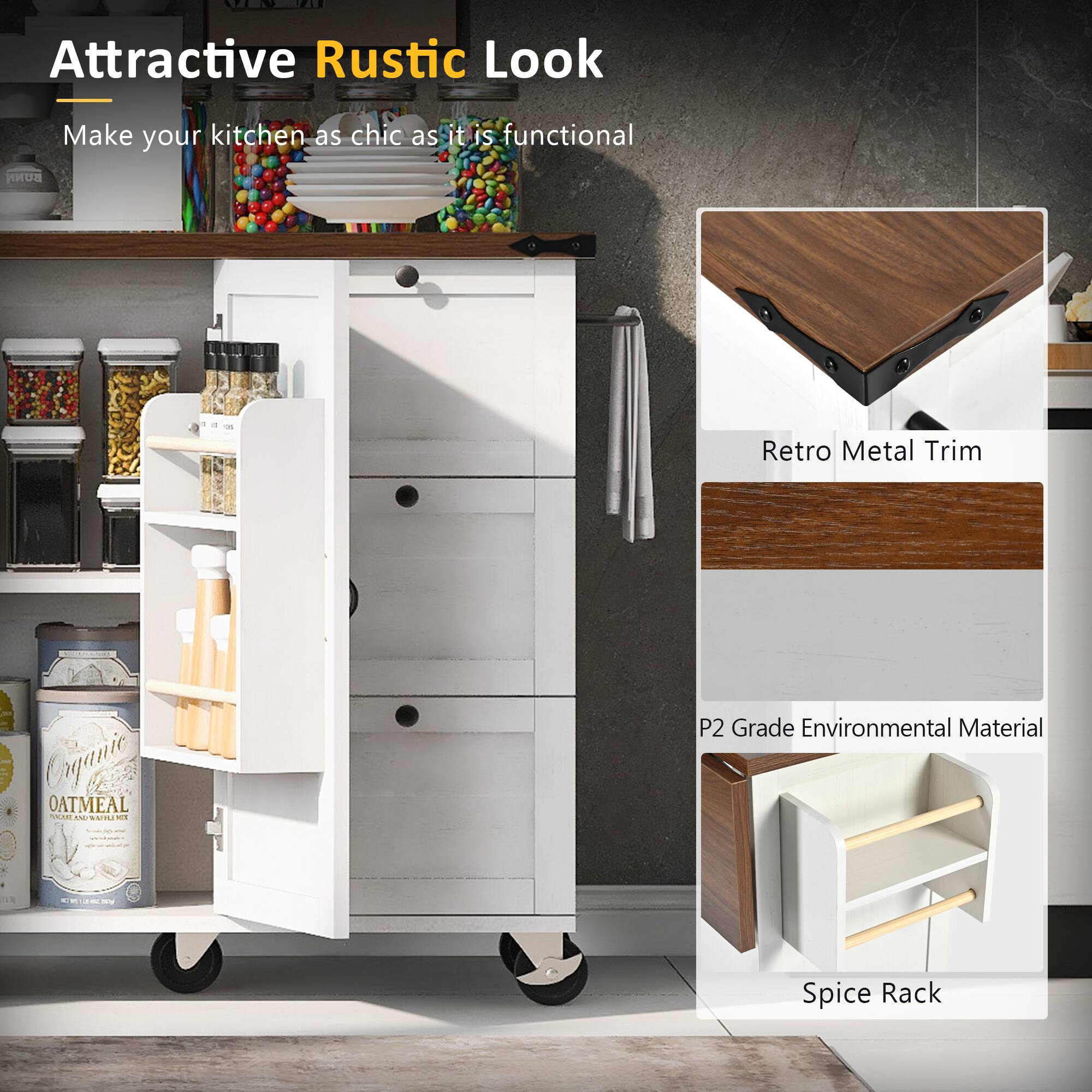 Attractive Rustic Look  
Make your kitchen as chic as it is functional  

- Retro Metal Trim  
- P2 Grade Environmental Material  
- Spice Rack